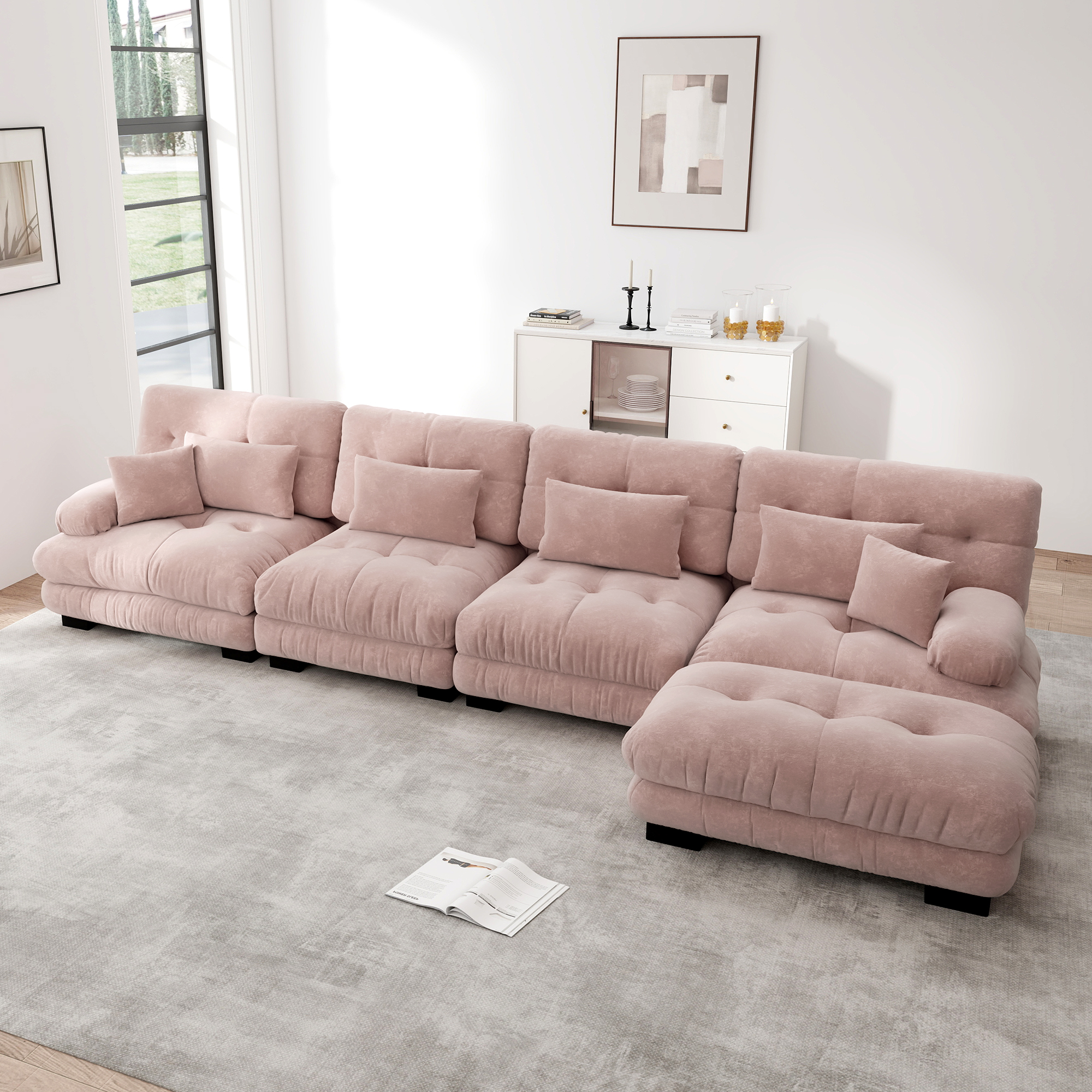 Canapé d'angle 4 places modulable avec ottoman mobile et LED intégrée, combinaison DIY en chenille rose