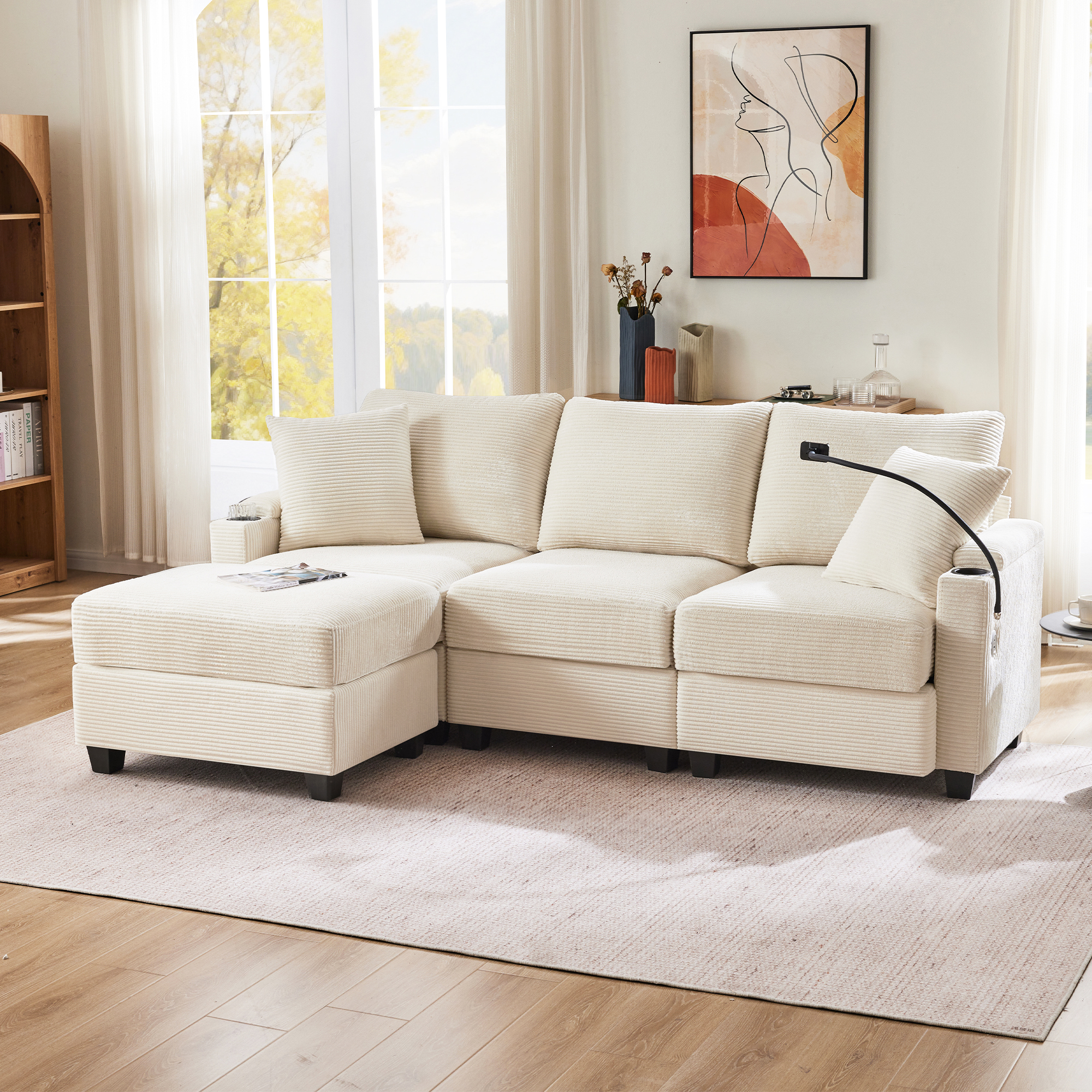 Canapé d'angle 3 places avec pouf, porte-gobelets, USB et rangement dans les accoudoirs