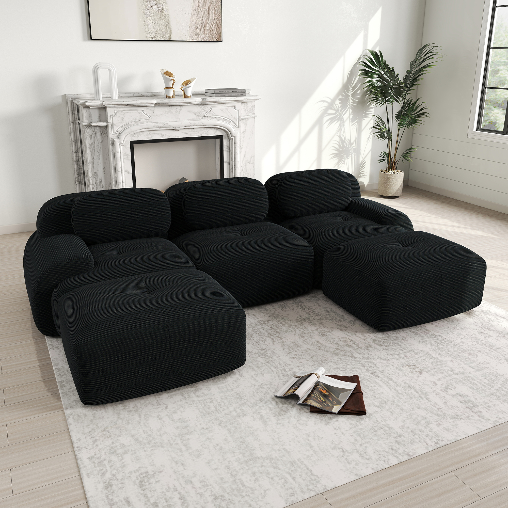 Canapé d'angle modulable en velours côtelé noir, 5 places, sans montage, antidérapant et haustierfreundlich