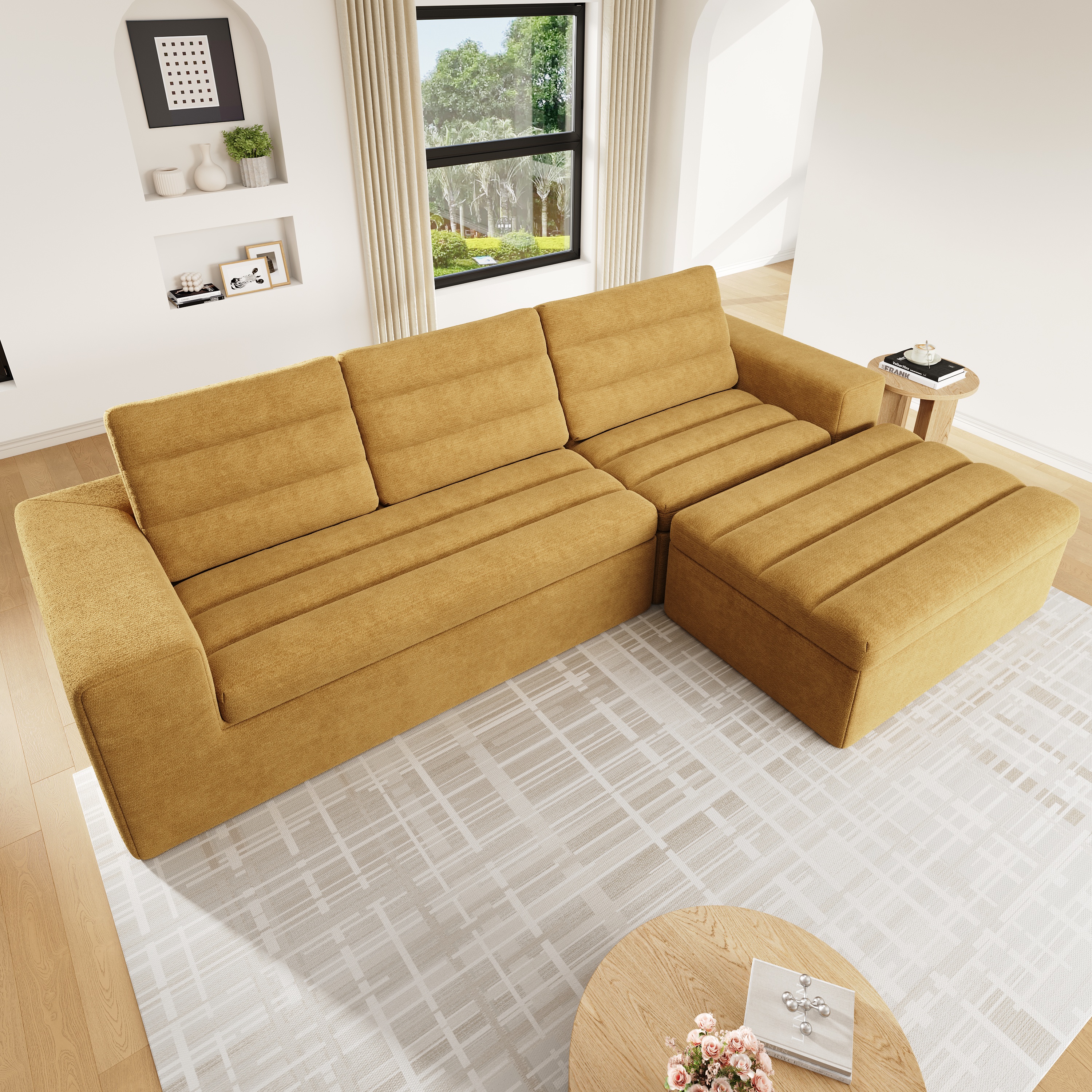 Canapé d'angle modulable 4 à 5 personnes en chenille orange, sans montage, 253x161x89 cm, avec hocker