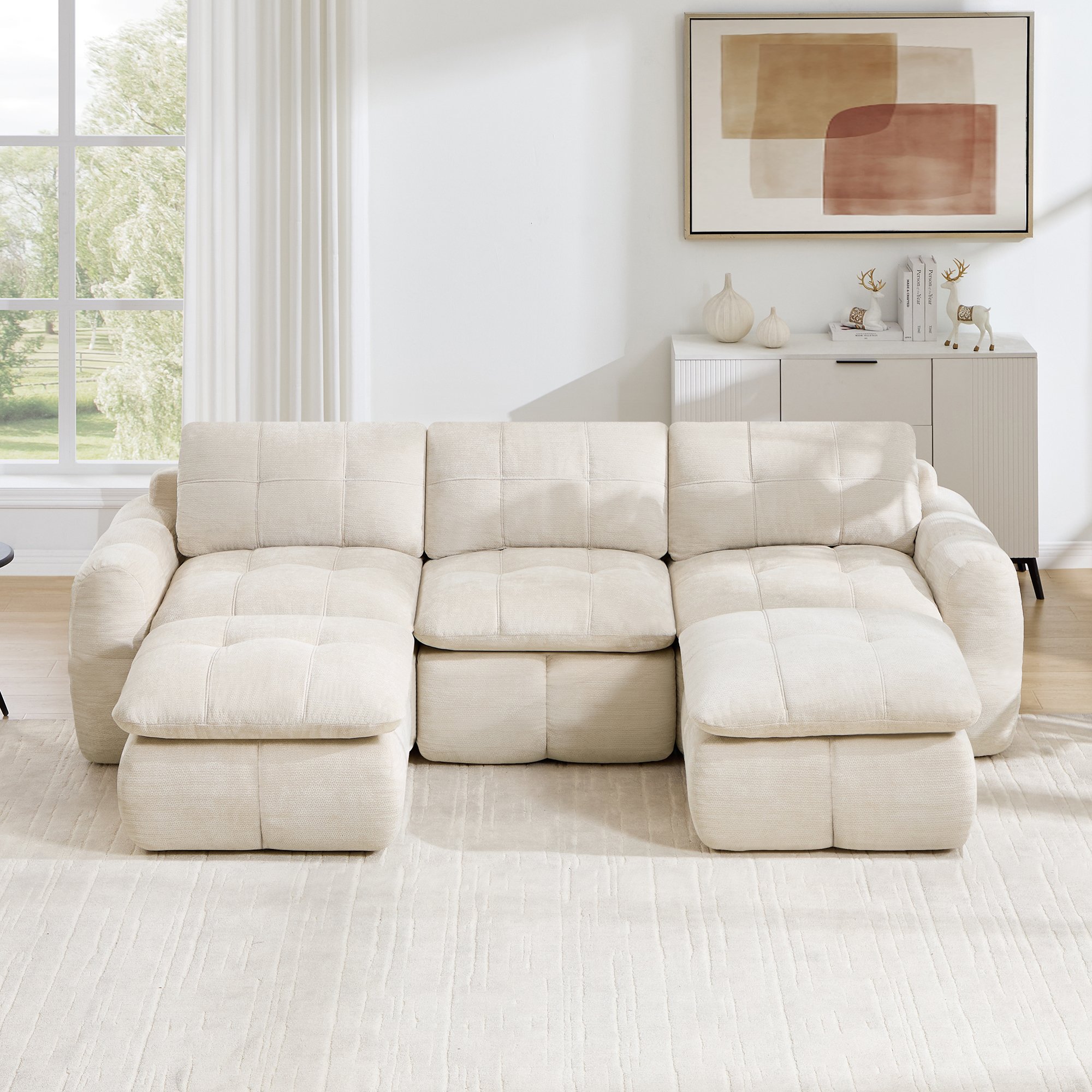 Canapé modulable 3 places en chenille beige, structure sans cadre avec 2 ottomans, mousse 32D haute densité, idéal salon et appartement