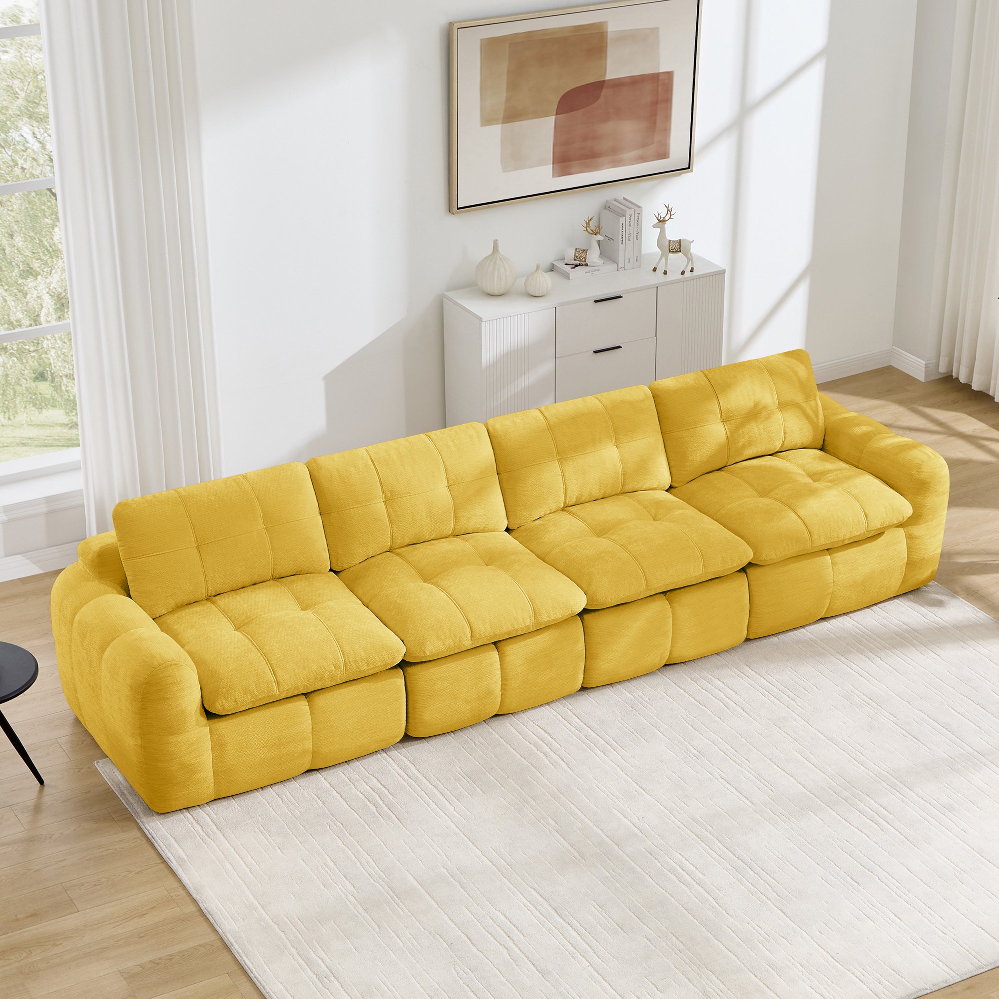 Canapé modulable sans cadre 4 places en chenille jaune avec mousse 32D haute densité pour salon et appartement