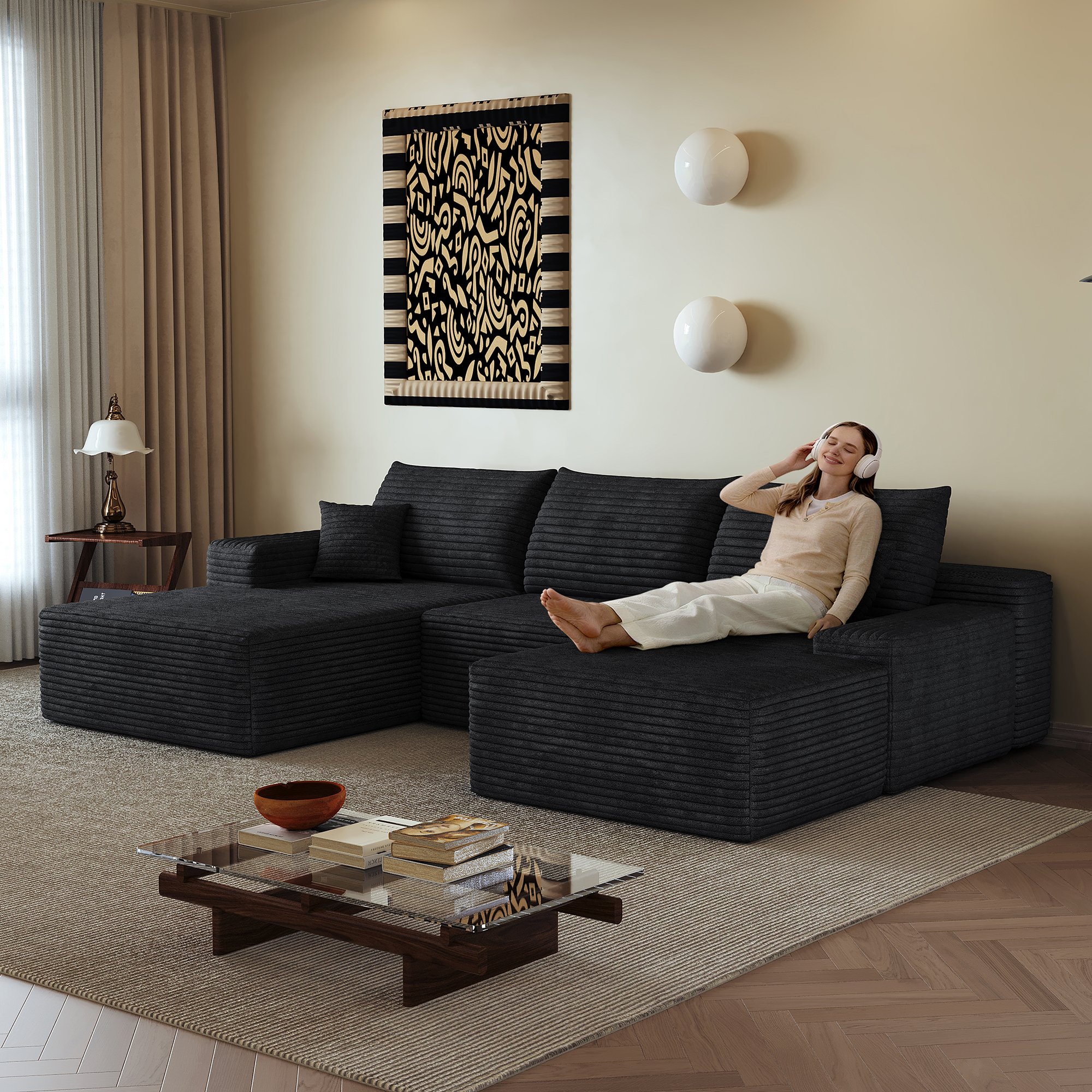 Canapé d'angle 270x175cm en tissu corduroy noir avec chaise longue, assise profonde et mousse haute densité pour salon moderne