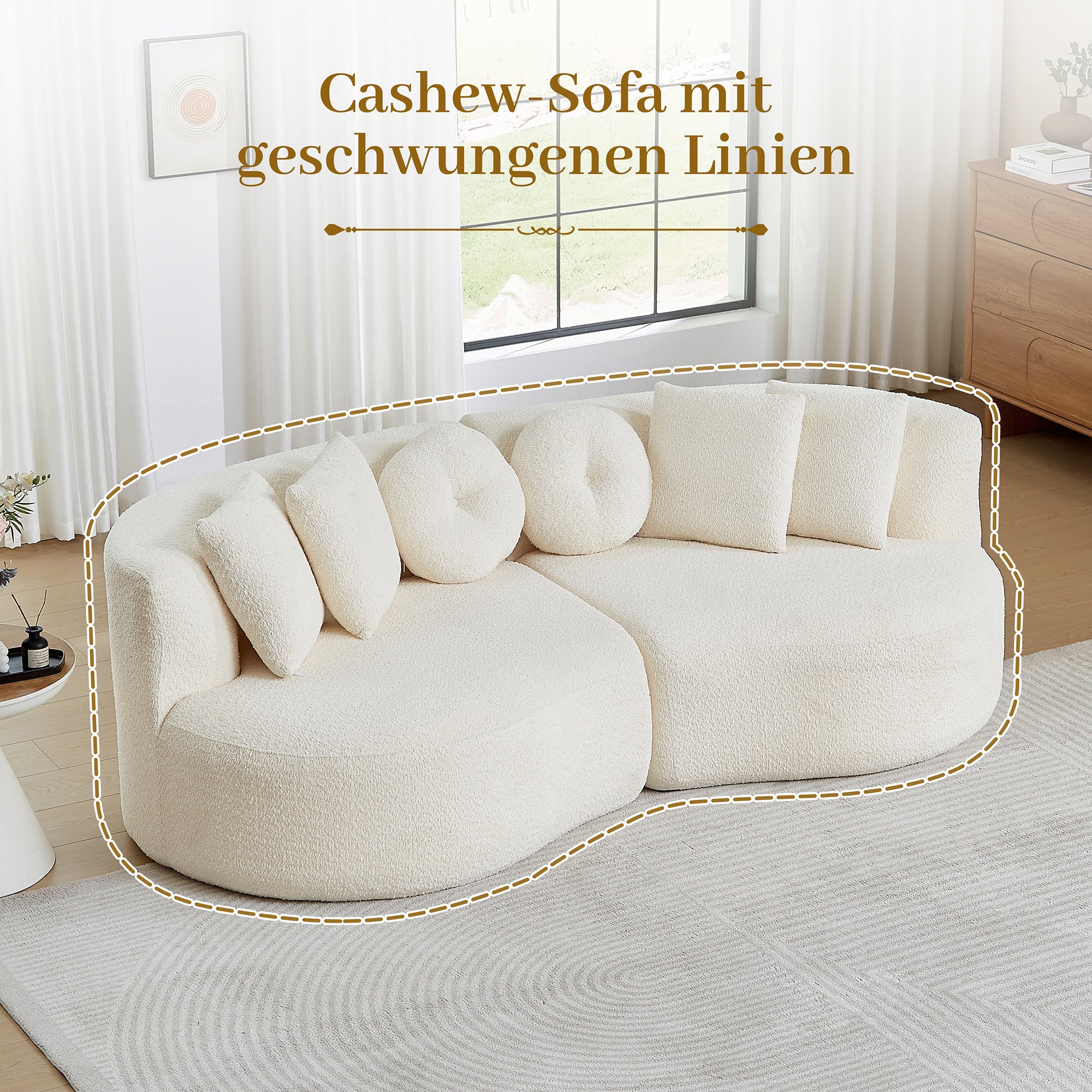 Canapé modulaire 2 places en tissu chenille beige avec dossier continu et 6 coussins de formes variées pour salon moderne