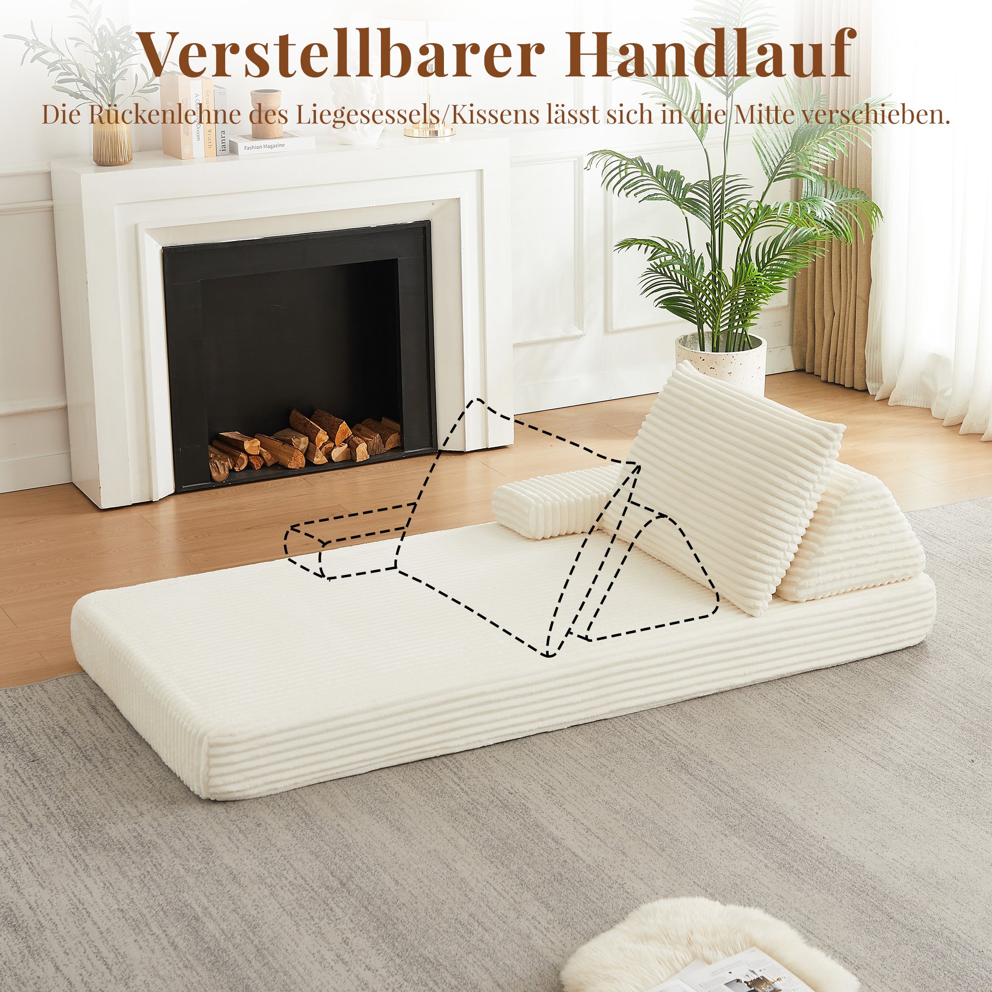 Canapé Modulable Beige en Corde Velours 211x106cm avec Dossiers Triangulaires Amovibles et Coussins Allongés pour Salon Moderne