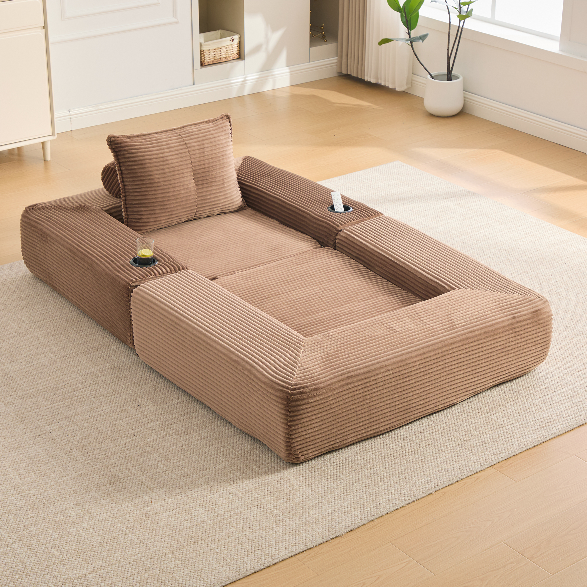 Canapé convertible 2 places 122x198 cm en velours côtelé marron avec accoudoirs amovibles et ressorts