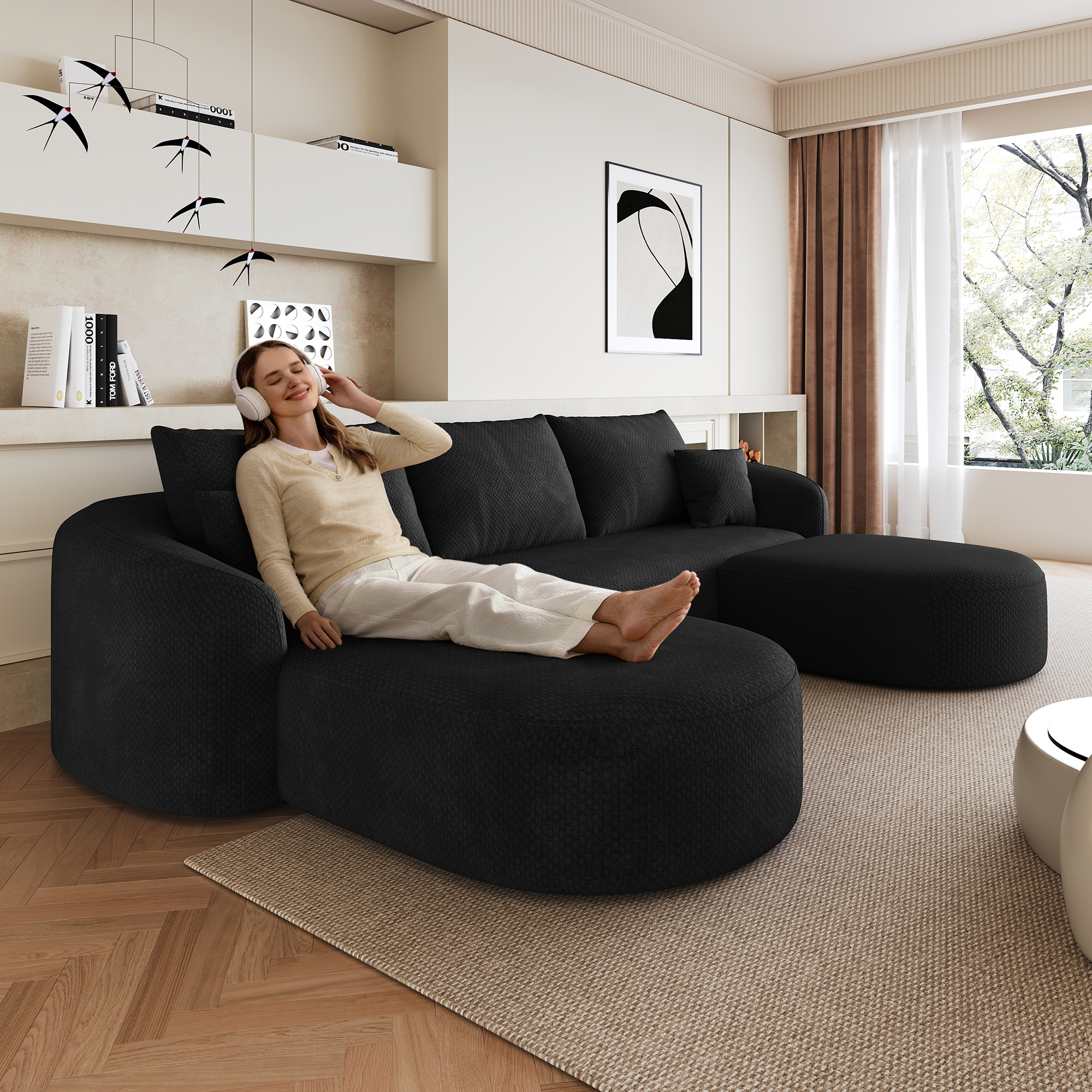 Canapé Modulable Noir Tissu, Canapé Panoramique En U Sans Montage, Design Contemporain Pour Salon Et Chambre, Structure Flottante Moderne
