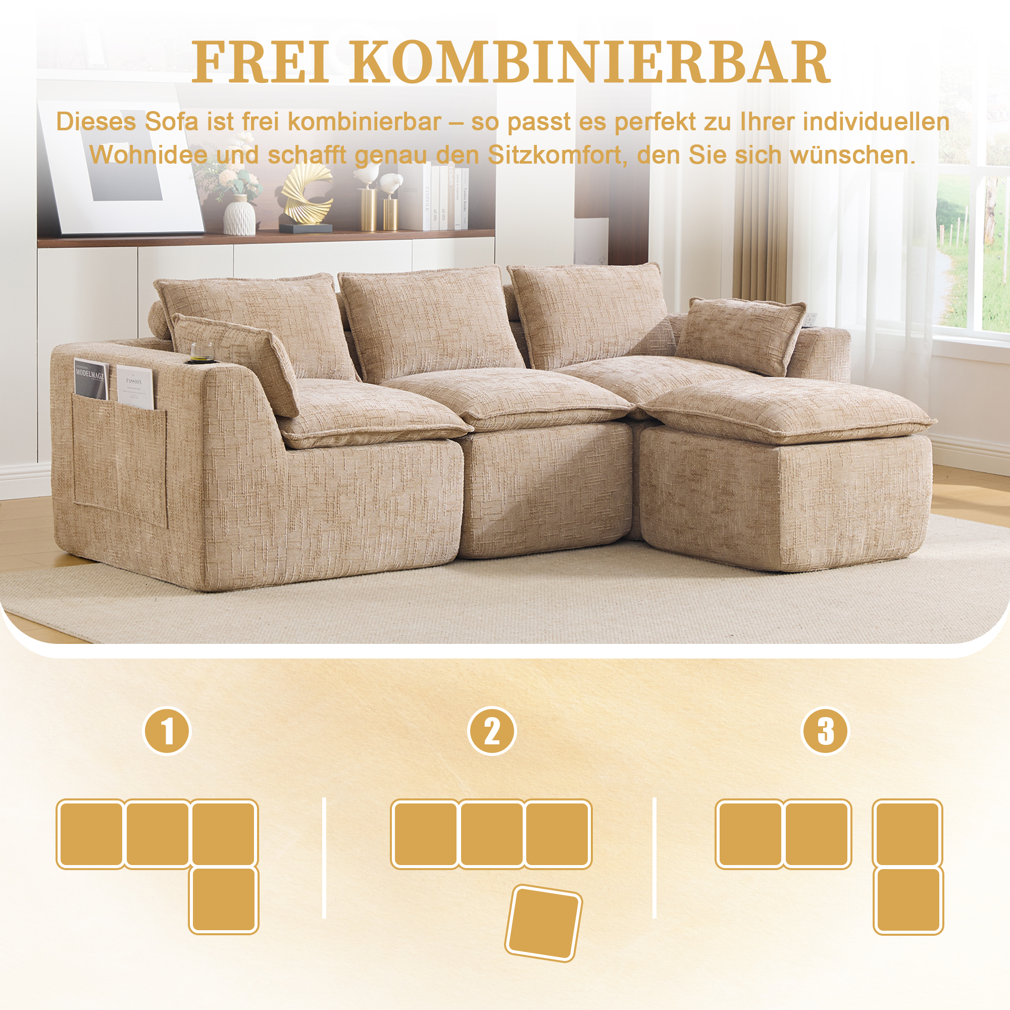 Canapé modulable 3 places en chenille kaki avec pouf, coussins, porte-gobelets et poches latérales