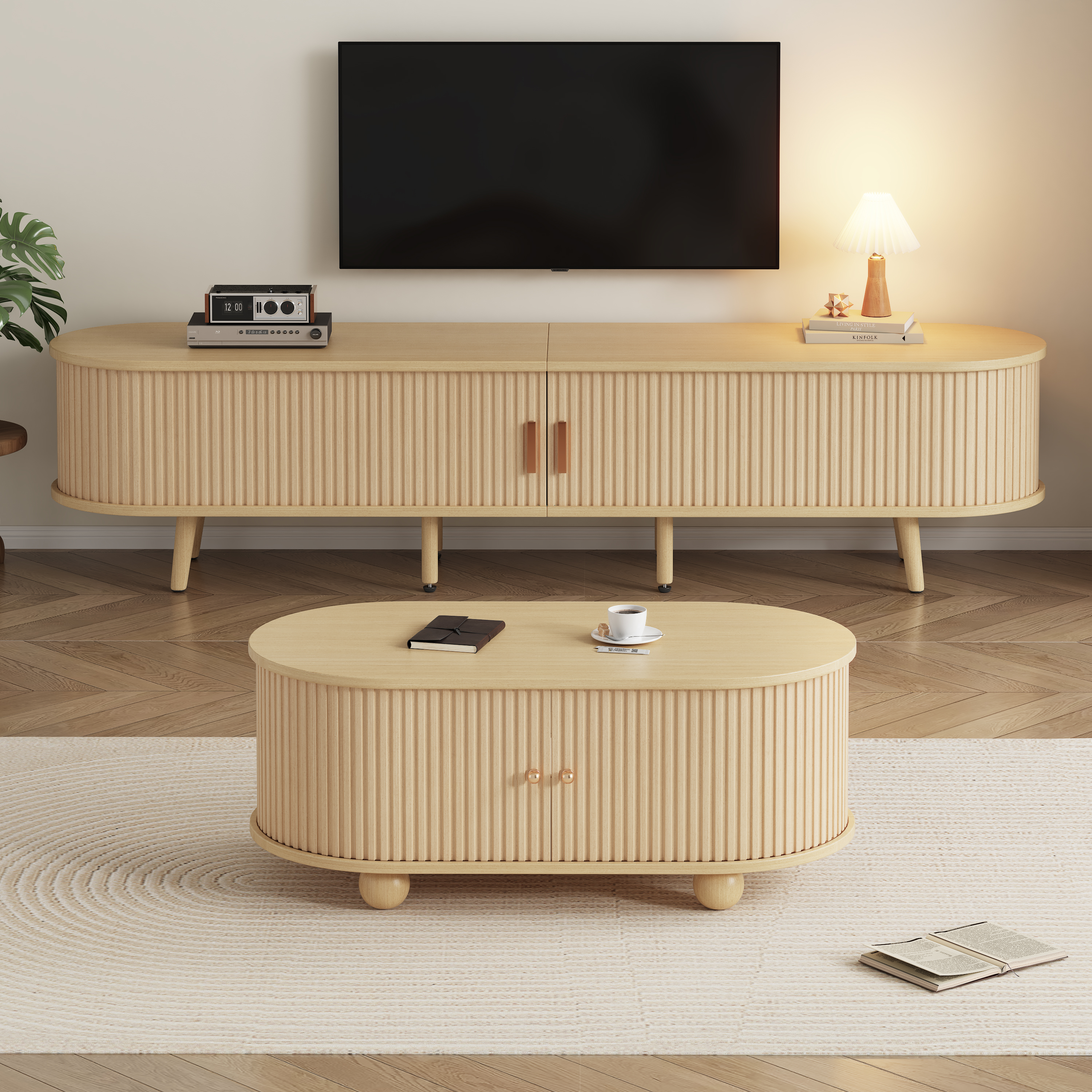 Meuble TV avec Double Tiroir et Porte Coulissante Table Basse Rangement Ouvert Ajustable