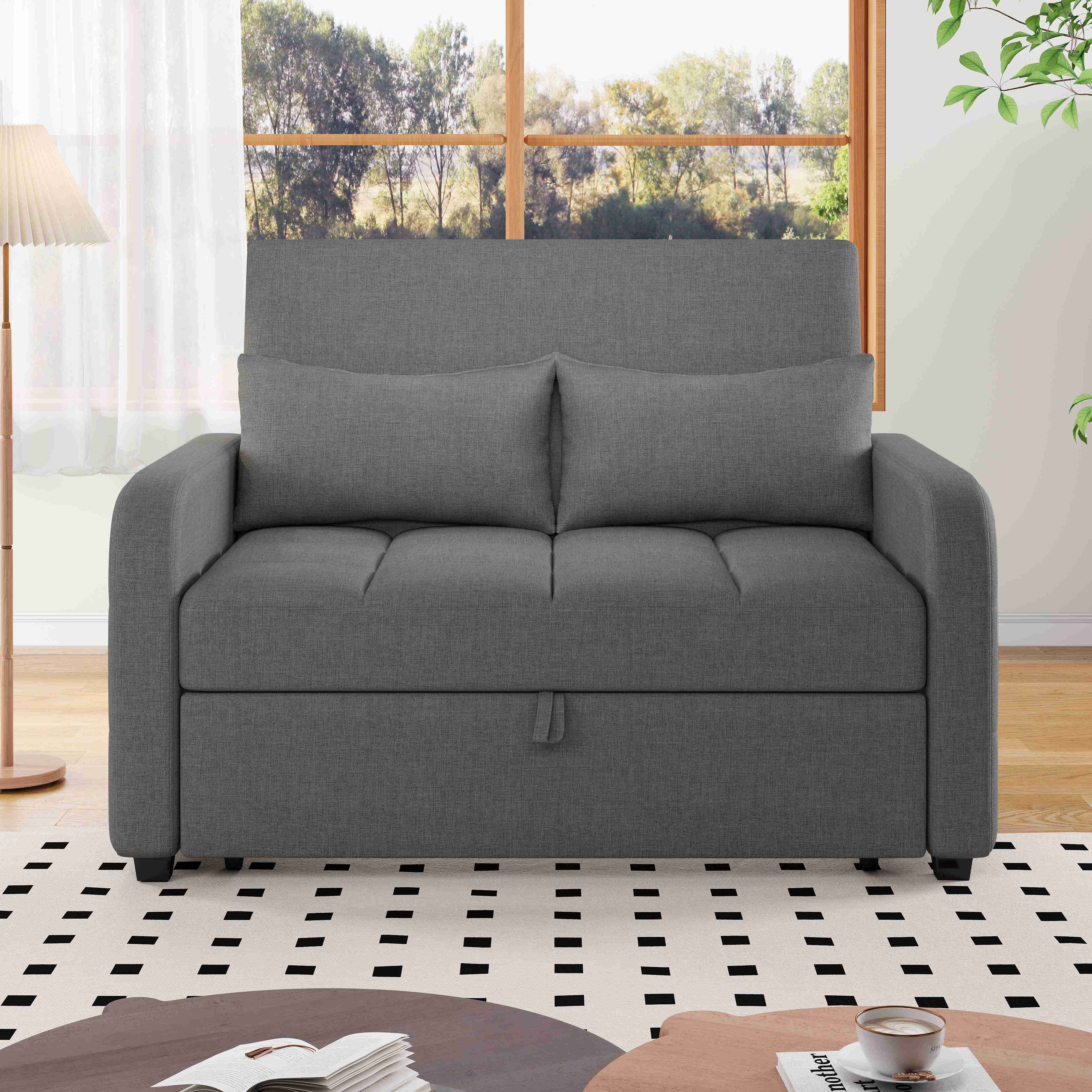 Canapé-lit 2 places Gris Antique, Tissu Lin Coton, Dossier Réglable 3 Positions, Couchage 180x110cm, Mousse Haute Densité, Idéal Studio