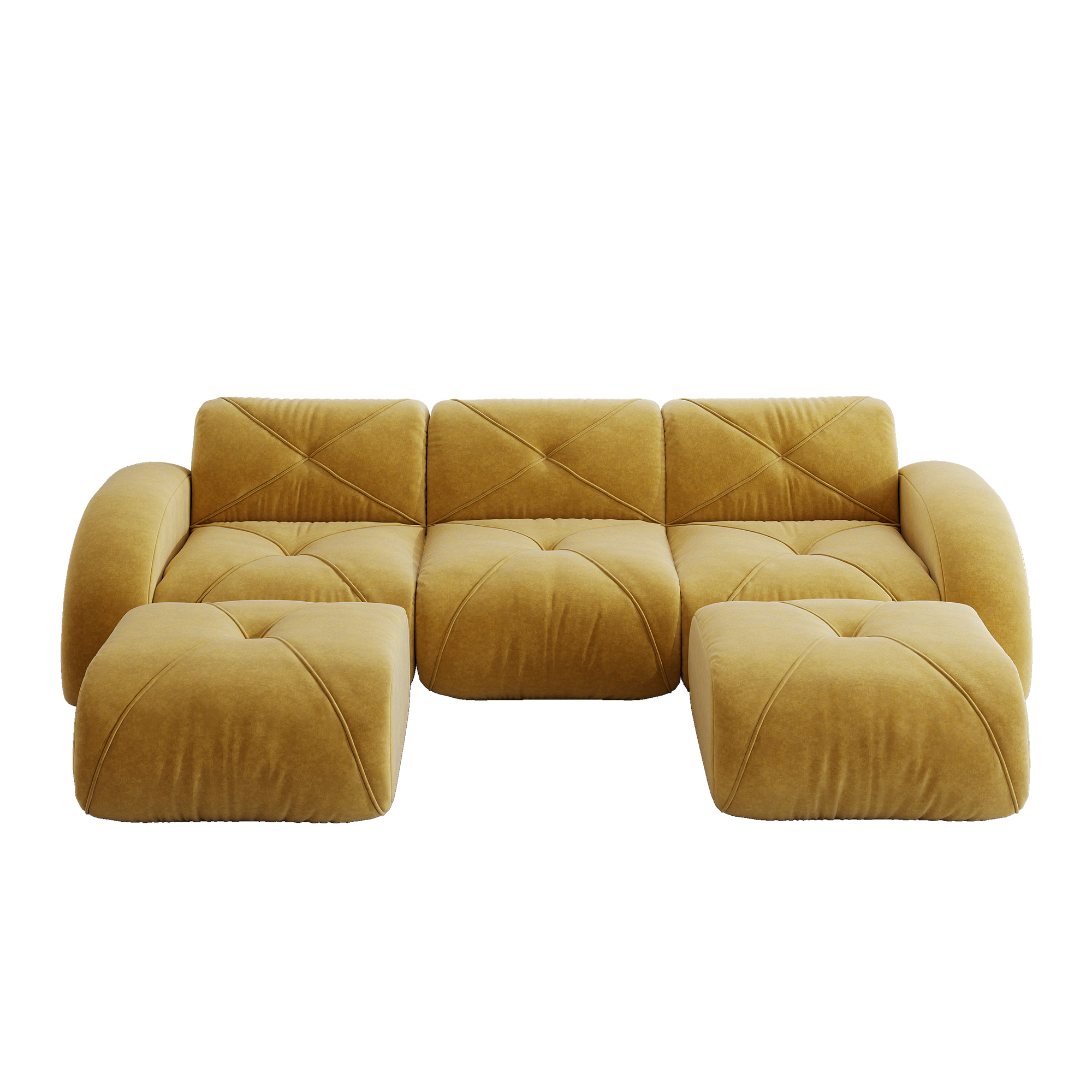 Canapé modulable 3 places en U, dimensions 281x171x76 cm, revêtement chenille jaune avec rangement intégré et 2 poufs inclus