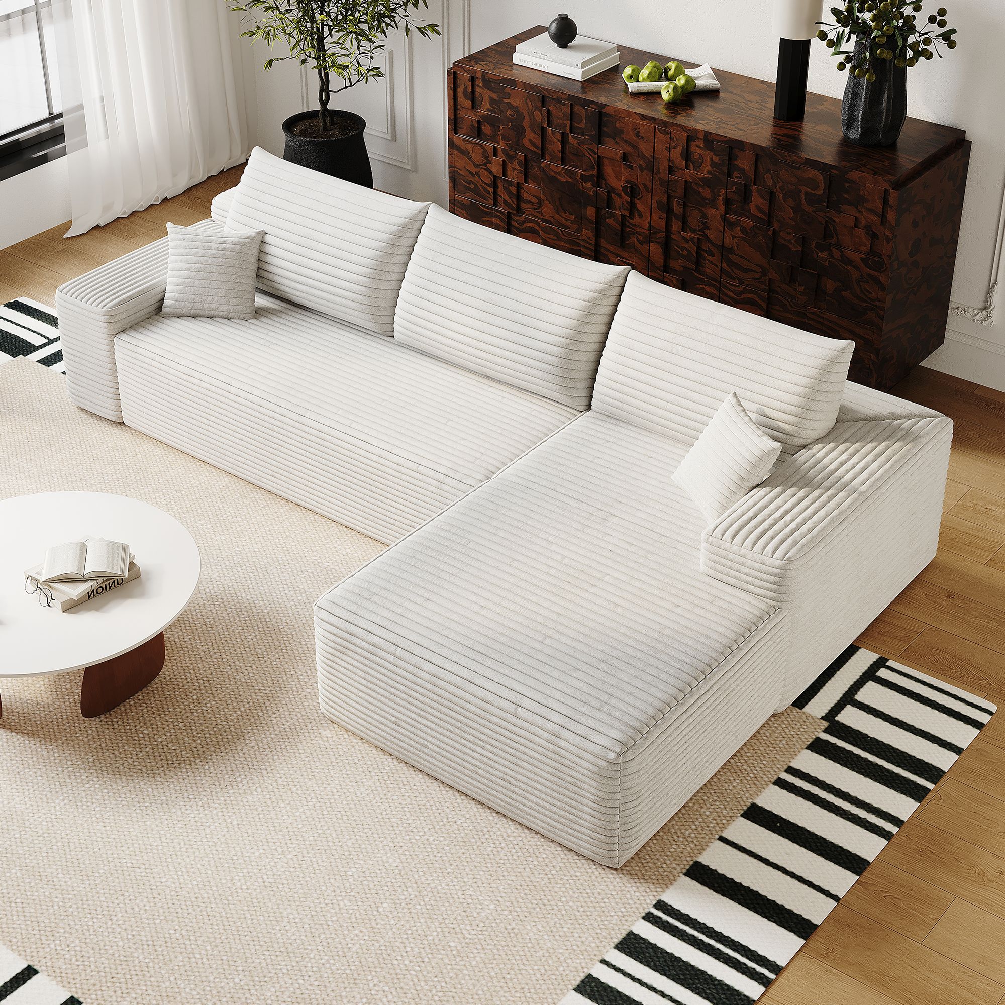Canapé d'angle blanc 270x175 cm en tissu côtelé, structure modulaire sans montage, assise profonde et confort optimal pour le salon.