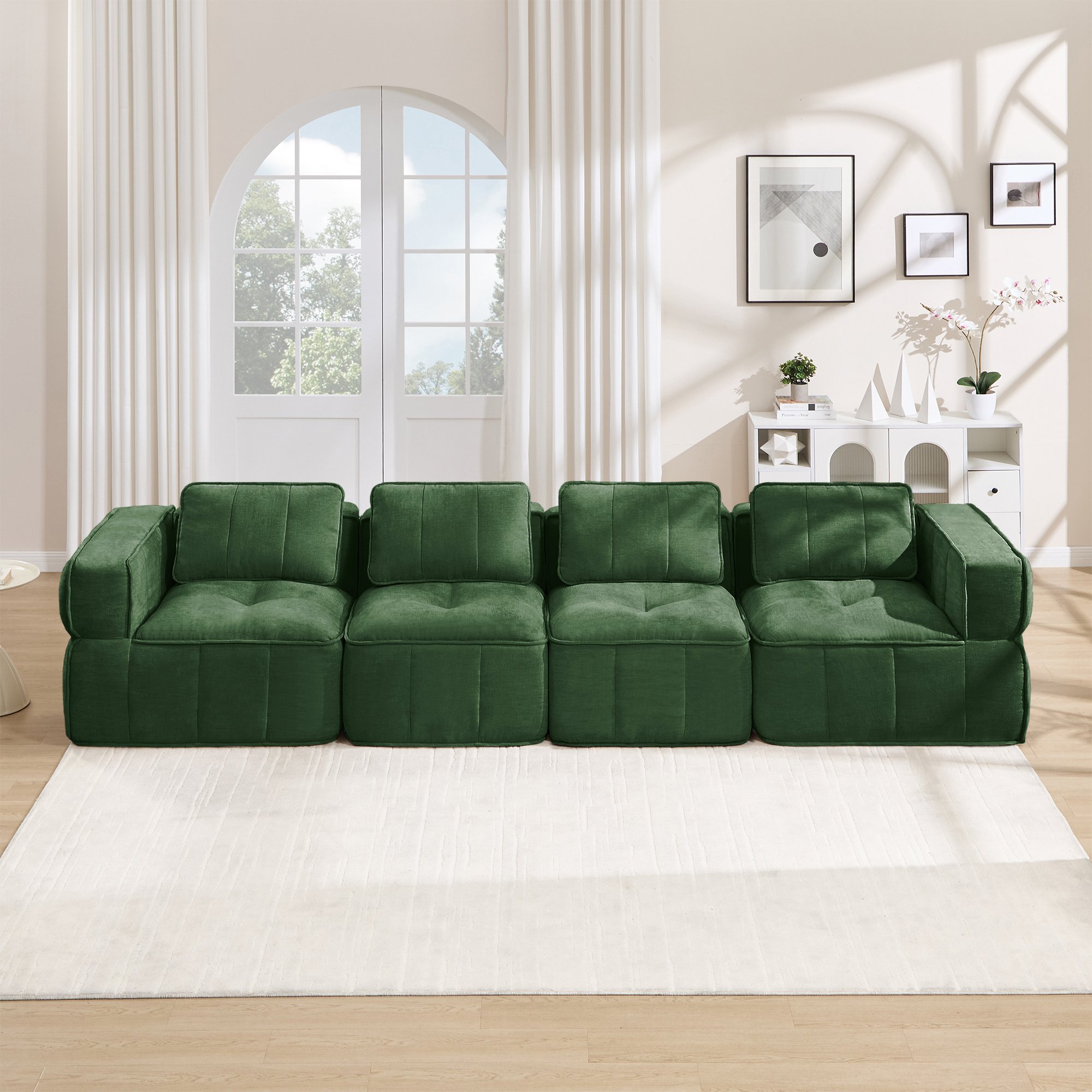 Canapé modulable sans cadre 4 places vert en polyester avec mousse haute densité 32D pour salon moderne et usage quotidien