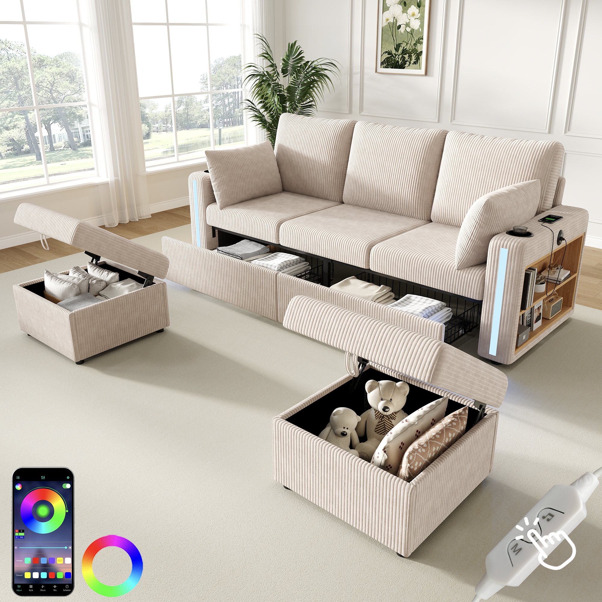 Canapé en Tissu Côtelé Beige Structure Métal Bois Massif Mousse Haute Densité avec Accoudoirs Fonctionnels