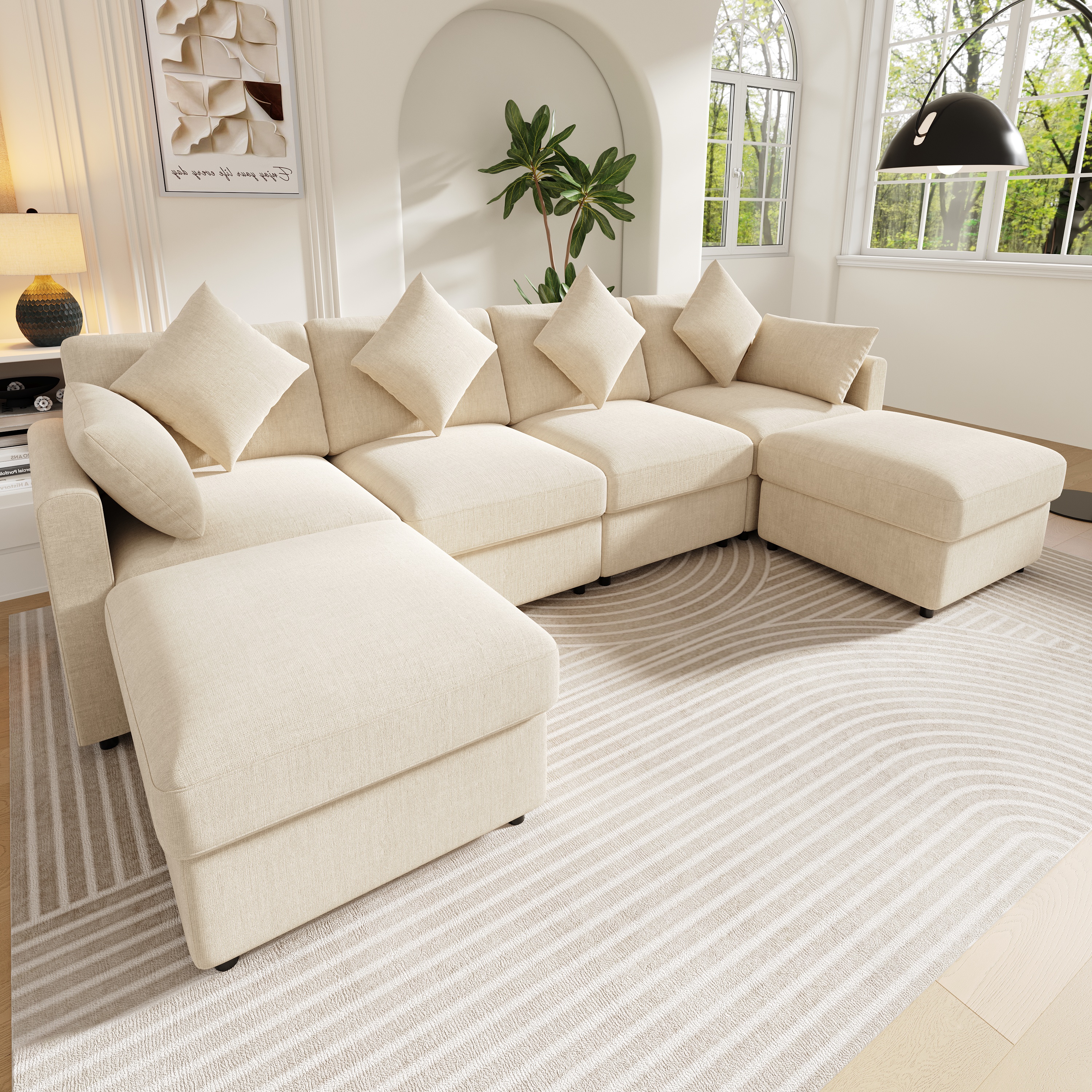 Canapé d'angle 4 à 6 places avec accoudoirs réglables 90 120 180° et 2 poufs mobiles en chenille beige