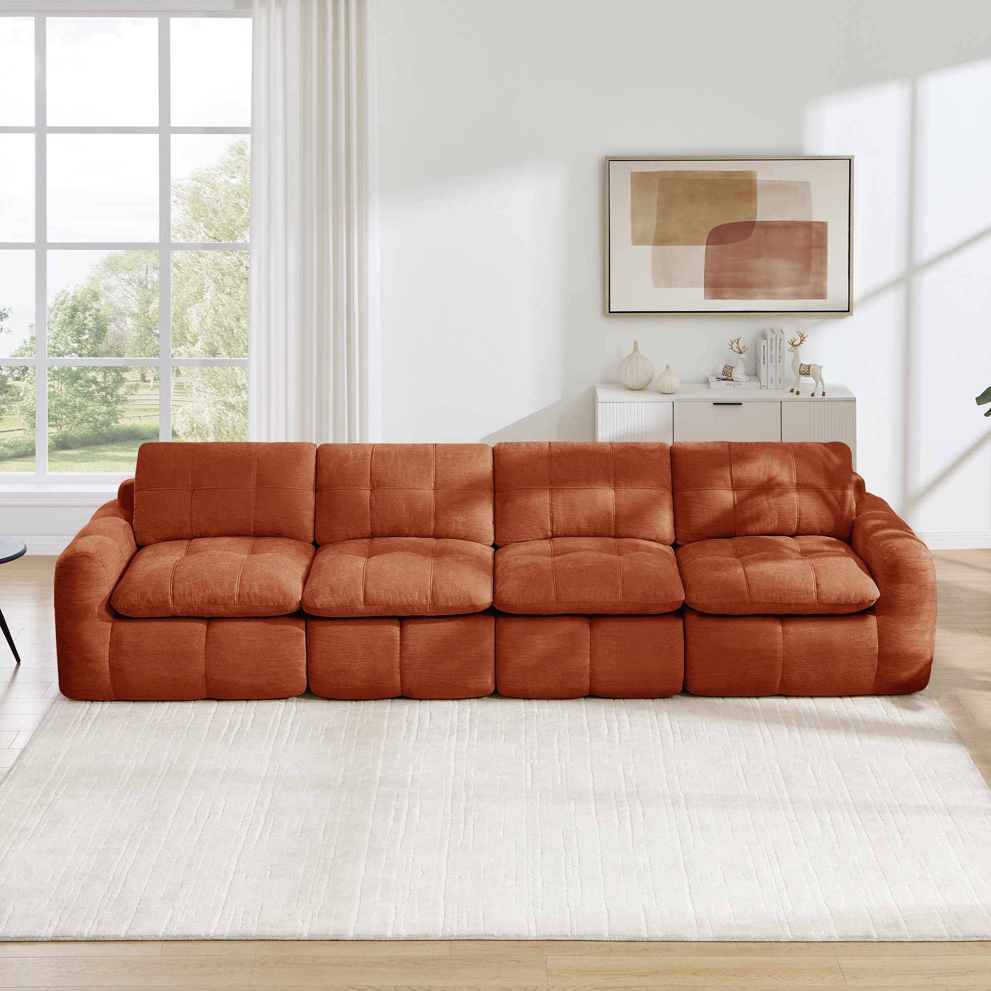 Canapé modulable 4 places en chenille orange sans cadre, mousse haute densité 32D, assise large et profonde pour salon moderne
