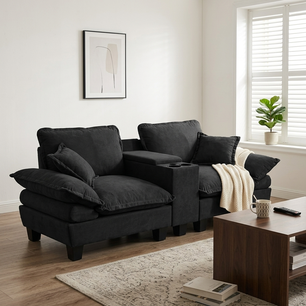 Canapé Modulable Noir en Chenille avec Rangement Caché et USB, Design Moderne pour Salon ou Appartement