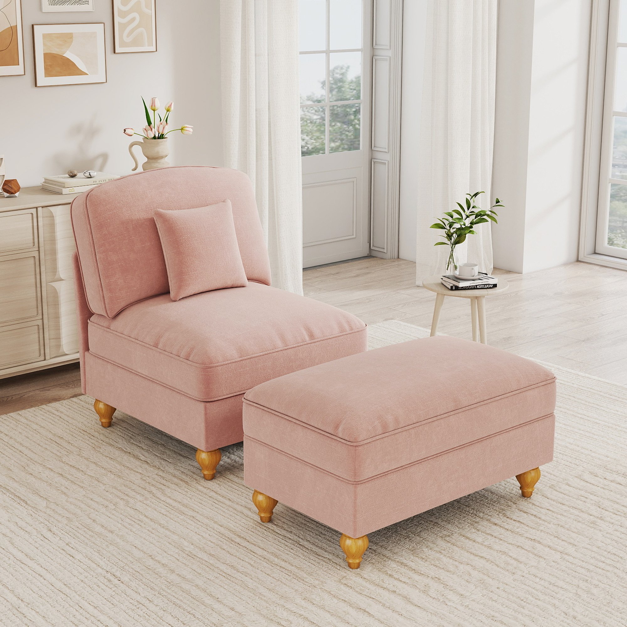 Fauteuil Lounge Rembourré Chenille Rose, Structure Mousse Haute Densité, Pieds Tournés et Accoudoirs Fleuris Élégants