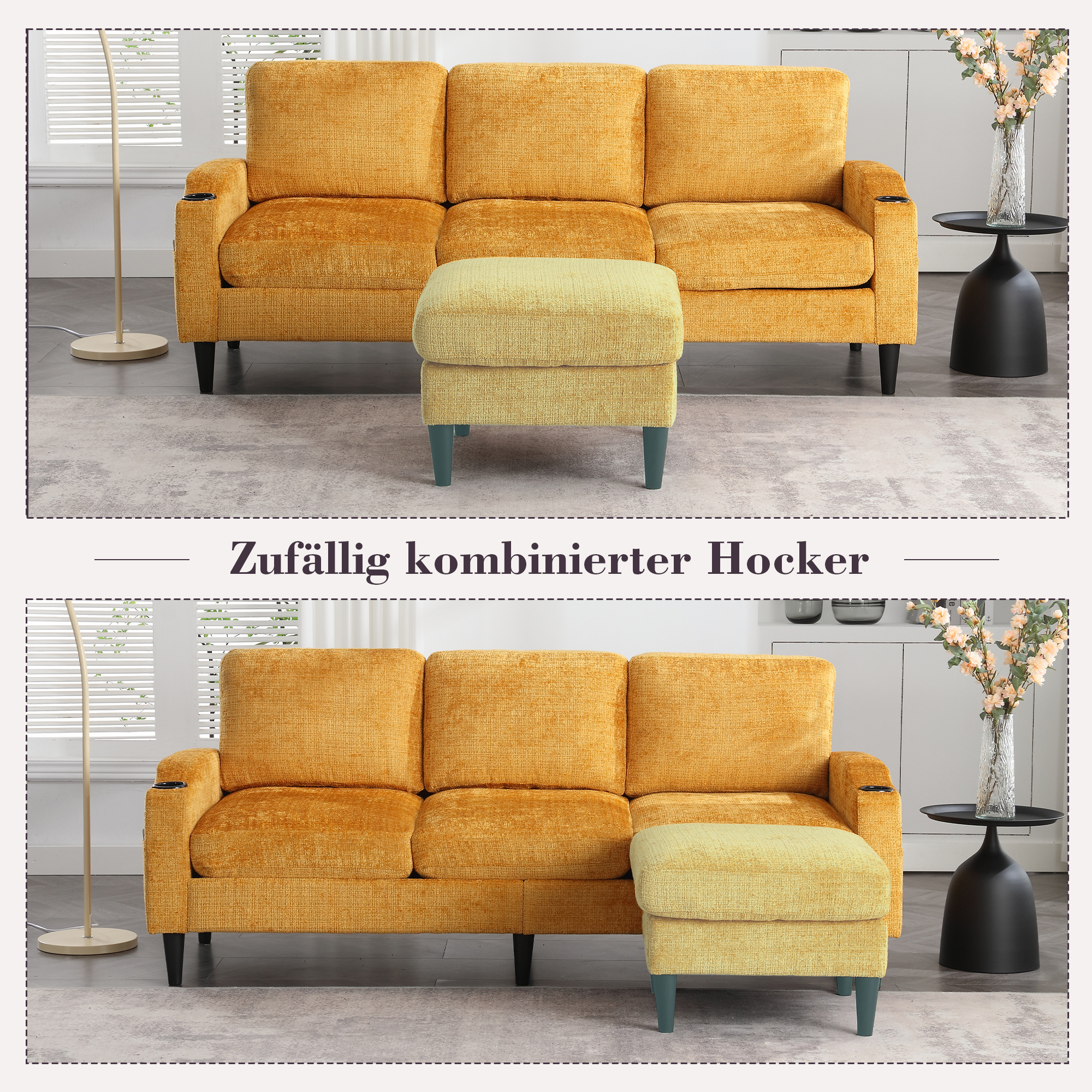 Canapé 4 places en chenille jaune avec hocker et rangement intégré, accoudoirs et porte-gobelets