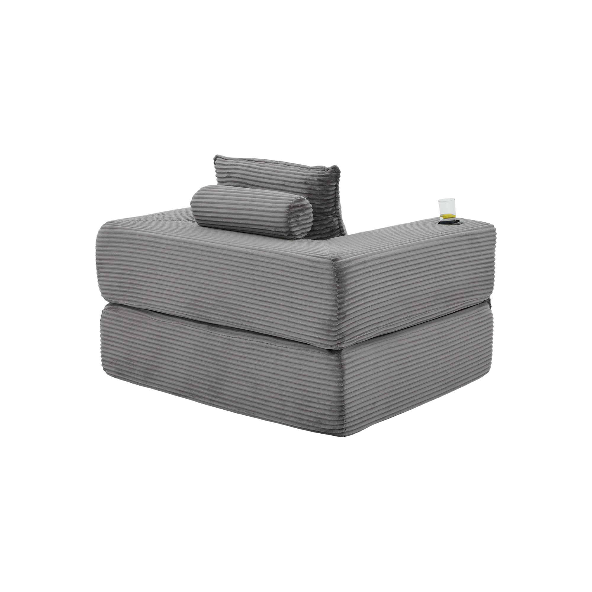 Canapé convertible 2 places en velours côtelé gris foncé avec porte-gobelet et poches latérales