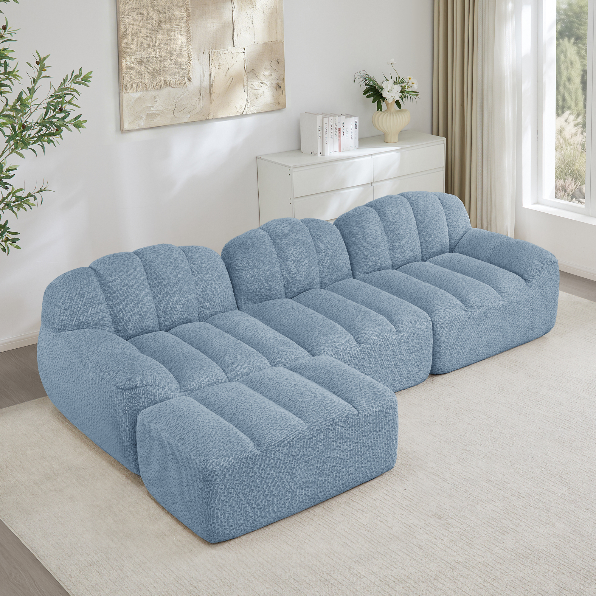 Canapé Modulable 3 Places En L Avec Ottoman, Canapé D'angle Bleu Tissu Polaire Granuleux Sans Dossier Profond Pour Salon
