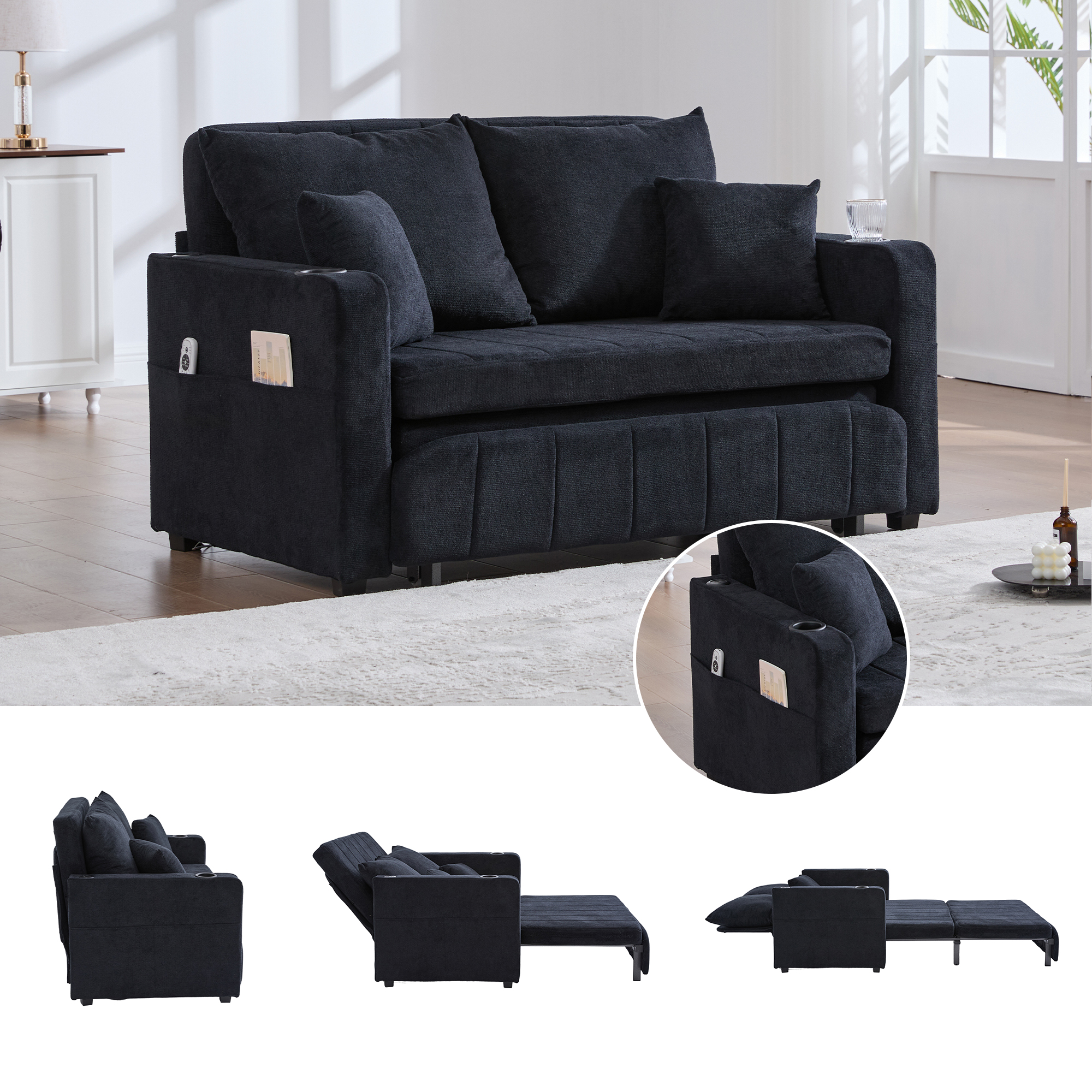 Lit rembourré 2 places avec USB et Type-C, porte-gobelets et 4 coussins inclus pour petit espace