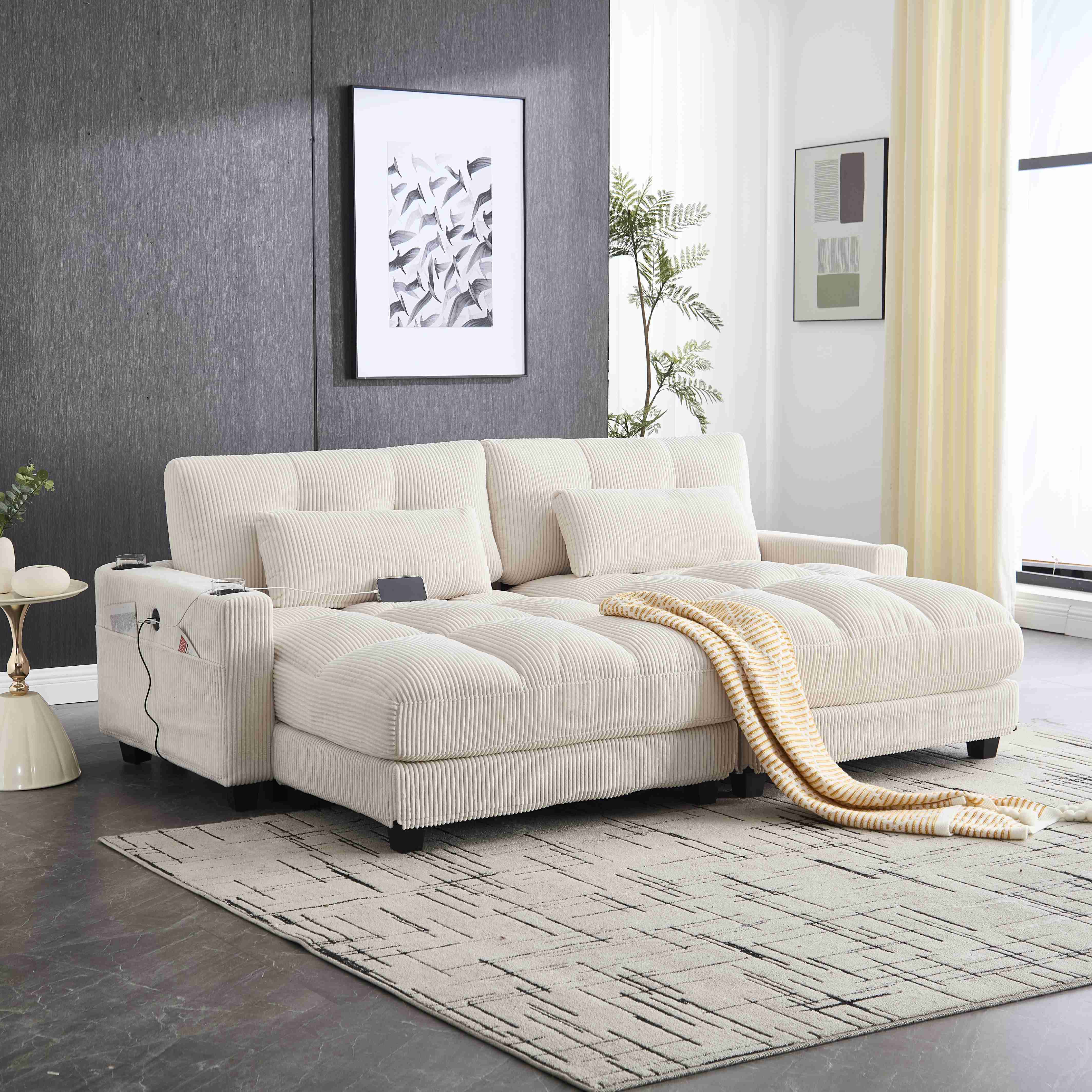 Canapé 2 places modulable se divise en 2 fauteuils individuels, chargeur USB intégré aux accoudoirs, 4 porte-gobelets et rangements