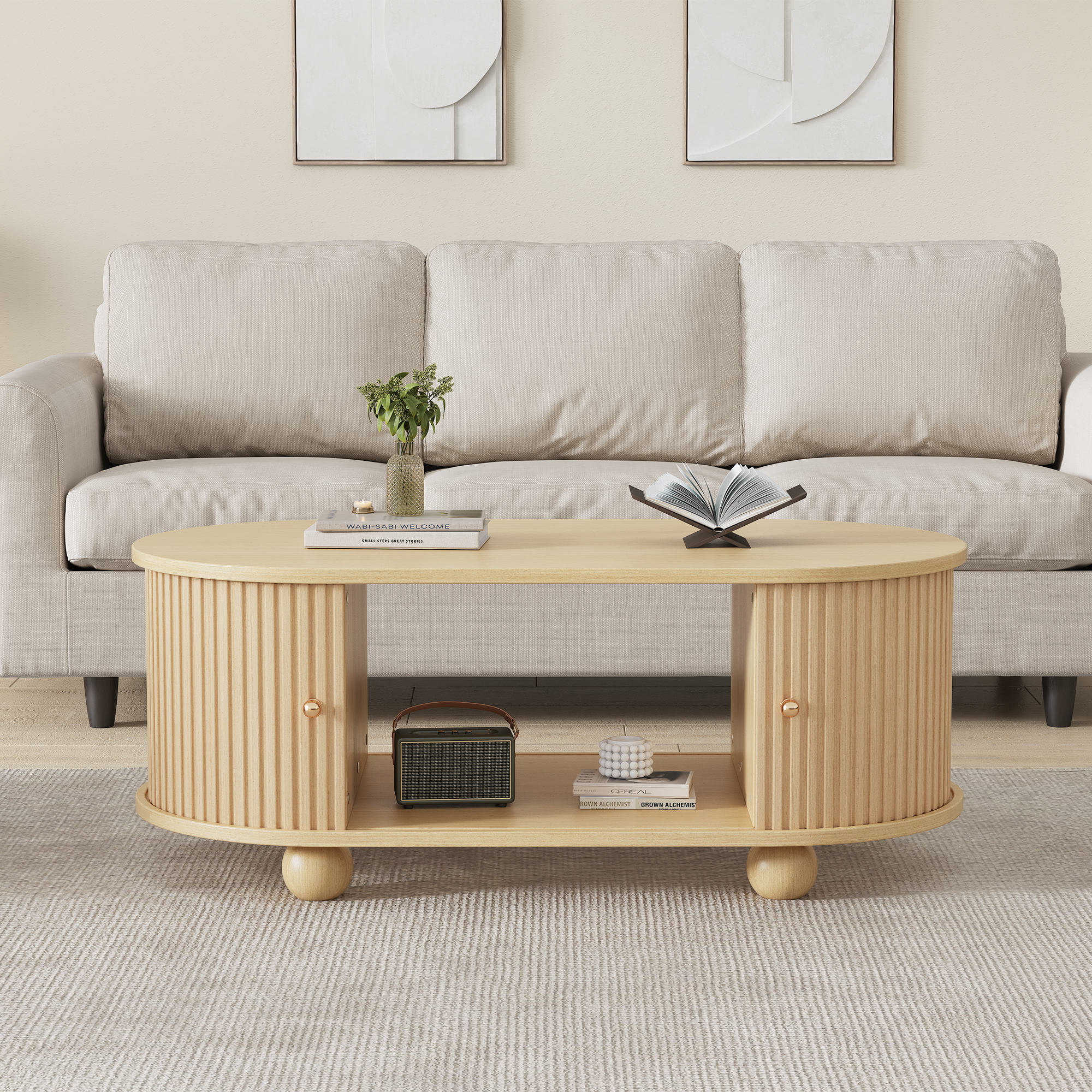 Table Basse Ovale Panneau composite de fibres de bois à densité avec Rangement Coulissant et Portes Industrielles, Supporte 30kg, Design Minimaliste pour Salon Moderne