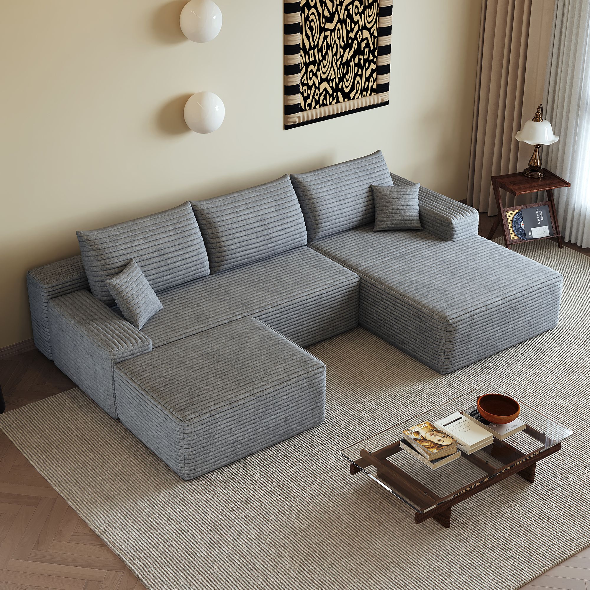 Canapé d'angle 270x175cm en tissu côtelé gris avec chaise longue, assise profonde et mousse haute densité pour salon moderne