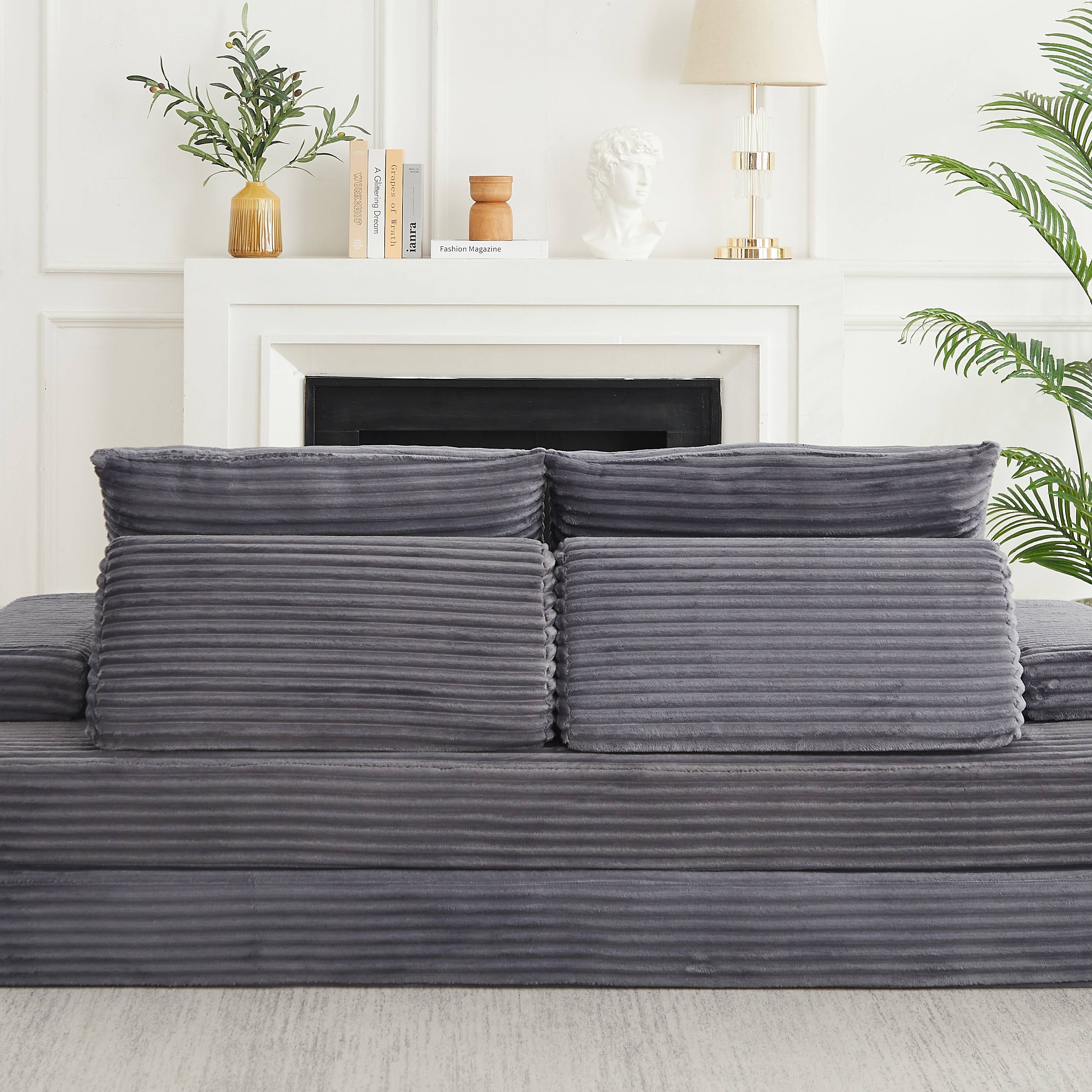 Canapé-lit Modulable Gris Corduroy 211x106cm, Structure Mousse Sans Pieds, Dossiers Triangulaires Amovibles et Accoudoirs Déplaçables pour Salon Moderne