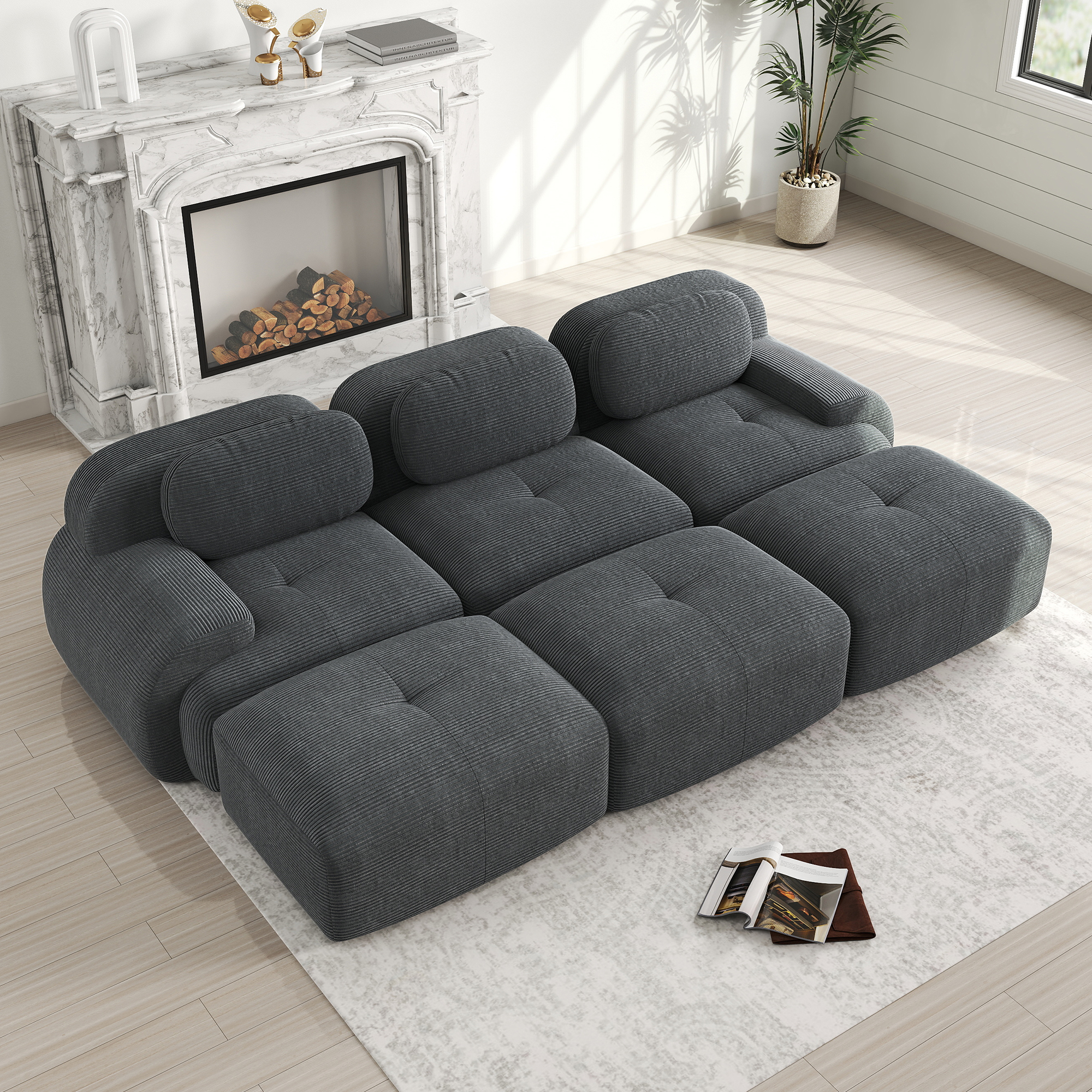 Canapé d'angle 3 places en velours côtelé gris, mousse 32D, structure sans cadre et assise ergonomique