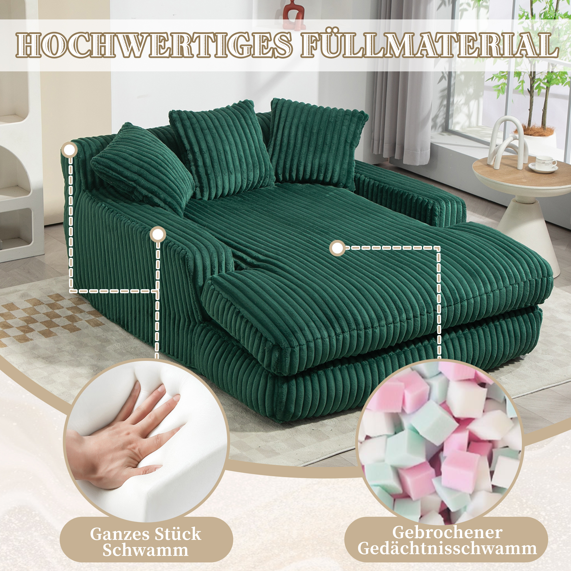 Canapé compact 1 place en velours côtelé vert émeraude avec 3 coussins, pour petit salon, sans montage