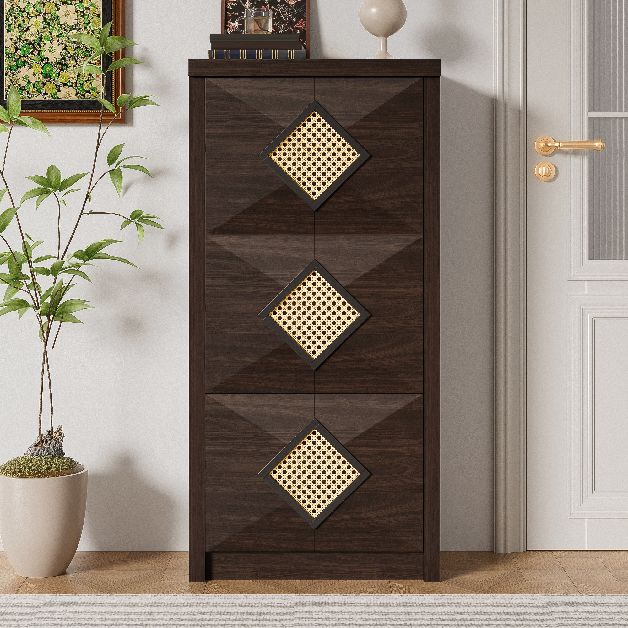Meuble à chaussures vintage 54x25x115 cm, placard rangement avec portes abattantes, design rétro bois foncé