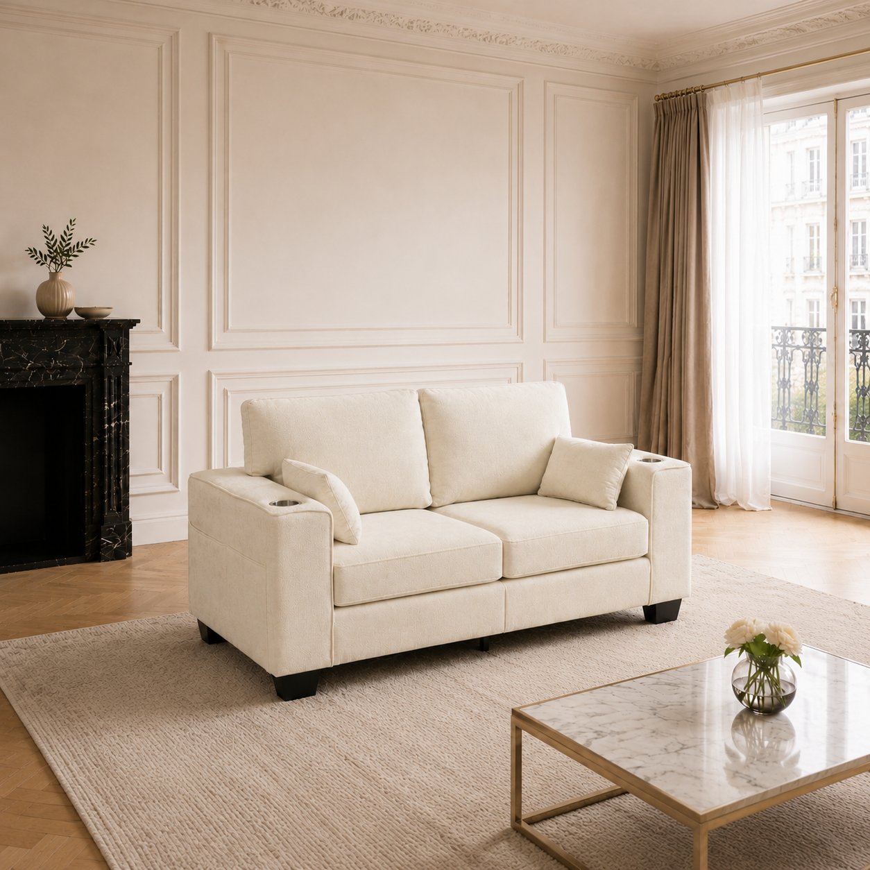 Canapé 2 places de 182 cm de long, largeur 72 cm, hauteur 96 cm, profondeur d'assise 53 cm, idéal pour petits espaces et bureaux