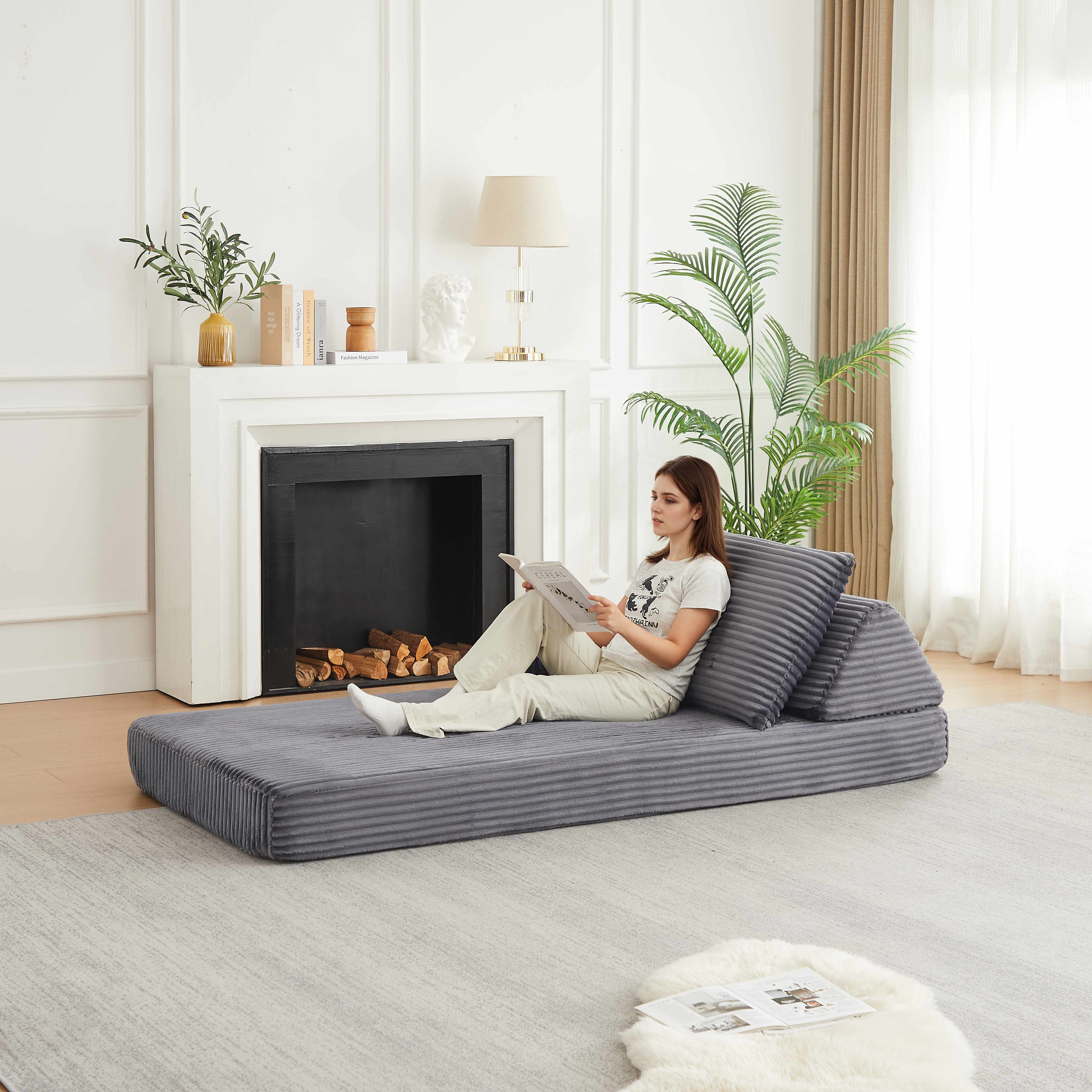 Canapé Modulable Gris en Velours Côtelé 211x106cm avec Dossiers Triangulaires Amovibles et Assises Longues pour Salon Moderne