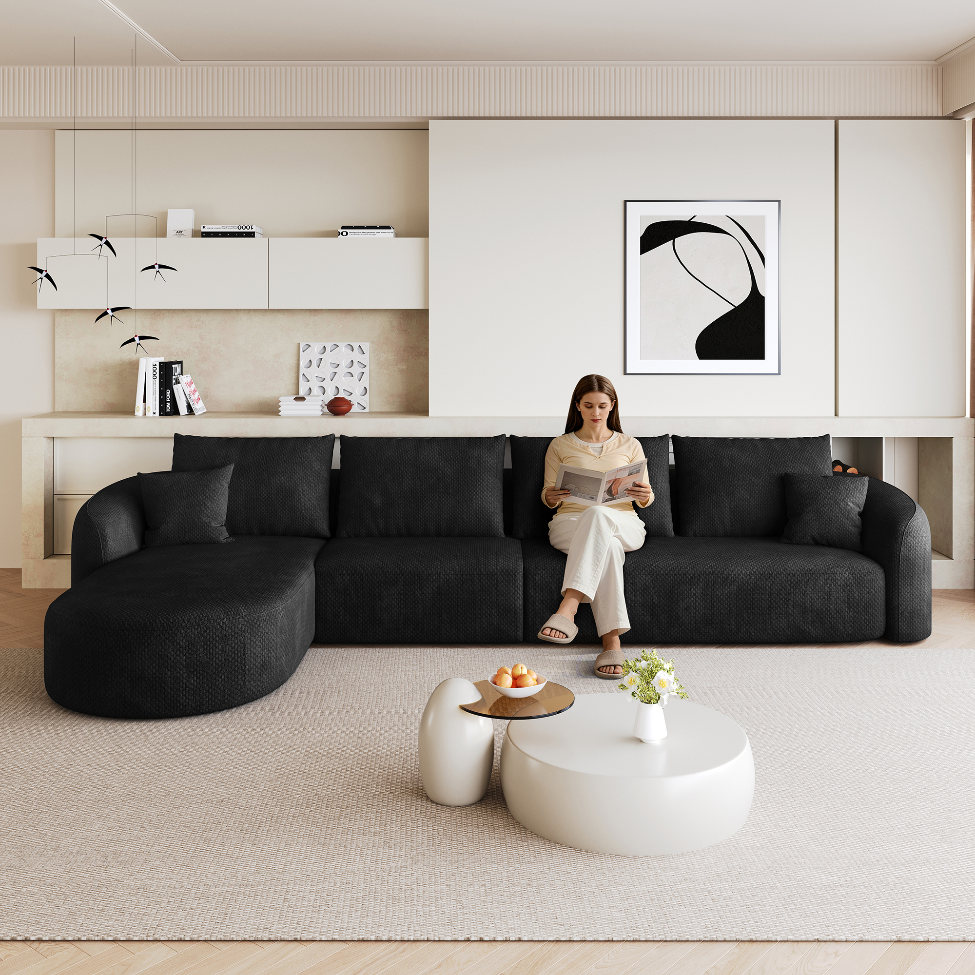 Canapé d'angle modulable noir en tissu, canapé d'angle contemporain sans montage pour salon et chambre, structure flottante