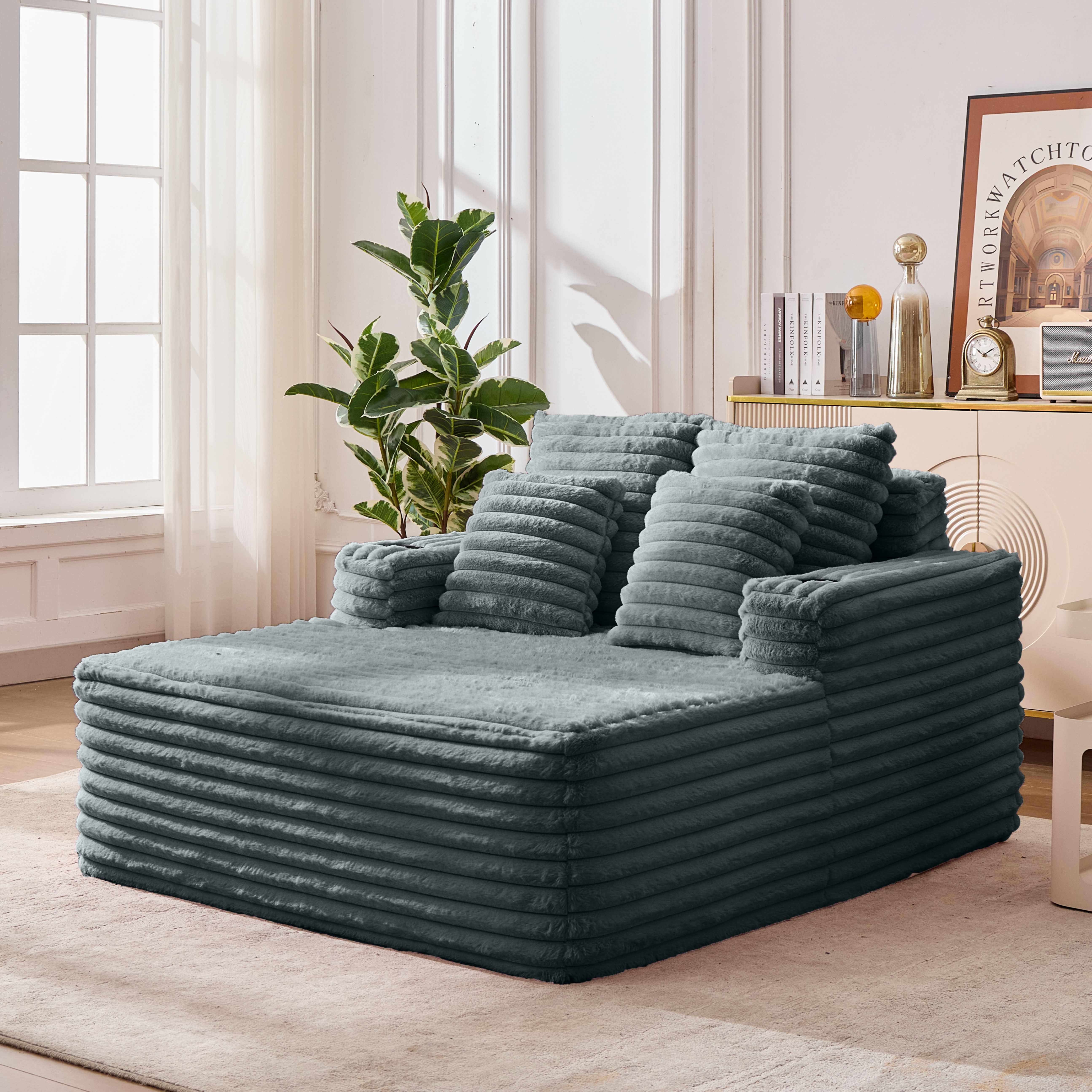 Canapé méridienne surdimensionné en fausse fourrure gris foncé, sans montage, pour salon ou chambre d'amis