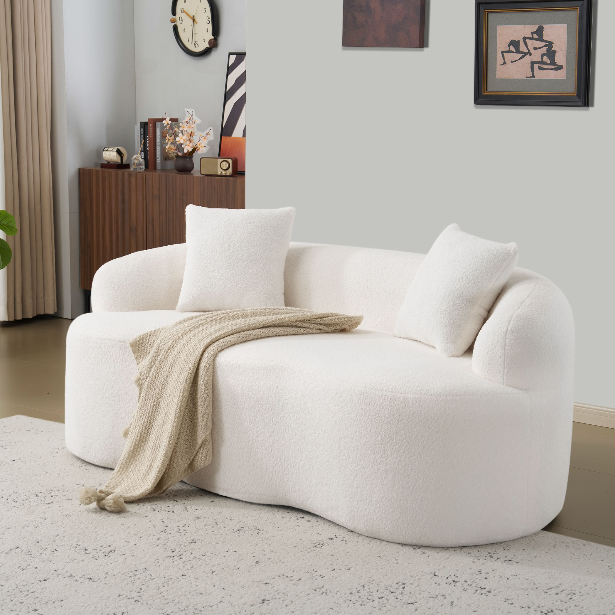 Canapé Droit Blanc Tissu Respirant avec Structure Mousse et Ressorts, Design Courbé Minimaliste pour Salon Moderne et Chambre