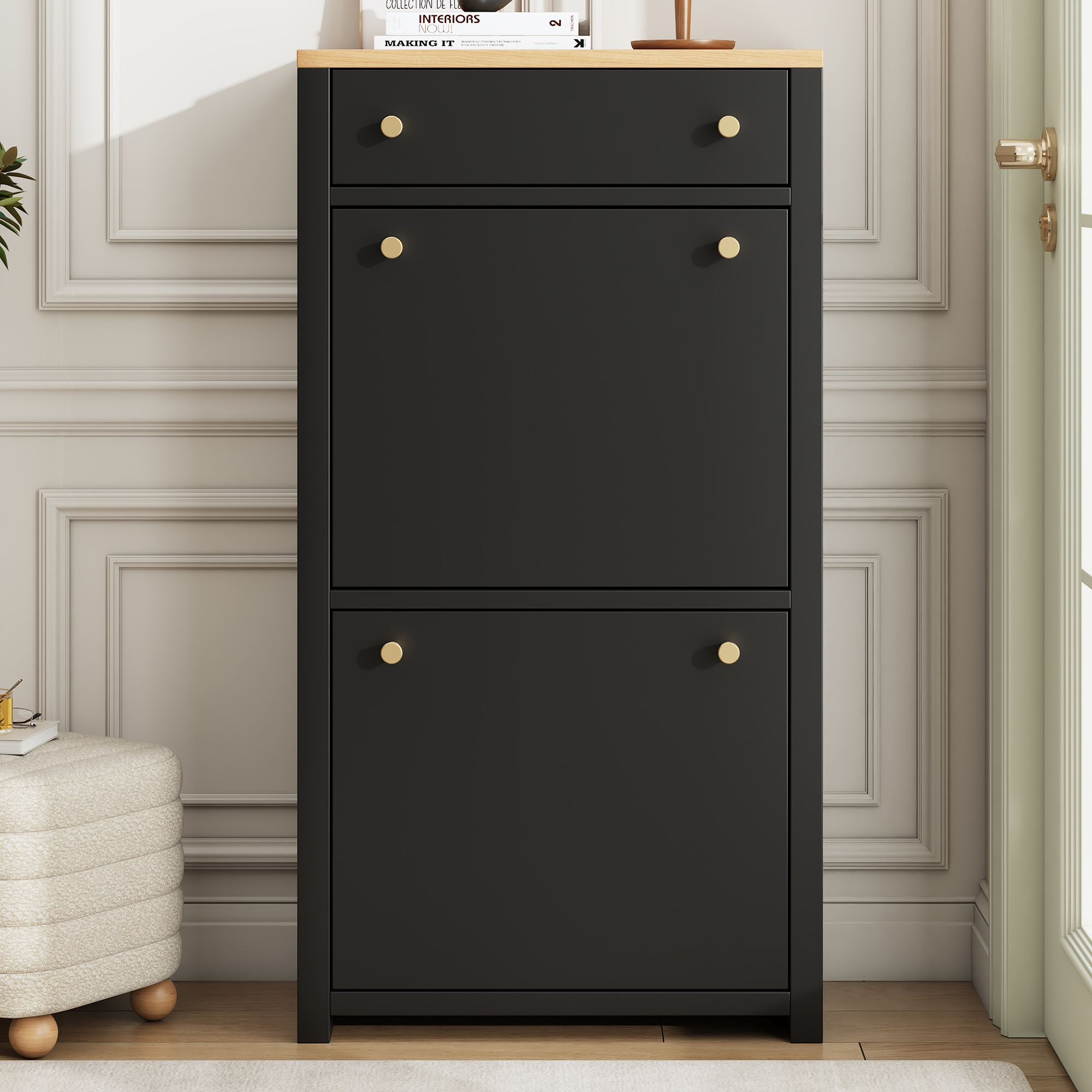 Meuble à chaussures étroit 50x25x95 cm, 1 tiroir et 2 portes pliantes, Panneau composite de fibres de bois à densité noir avec plateau bois, pour entrée