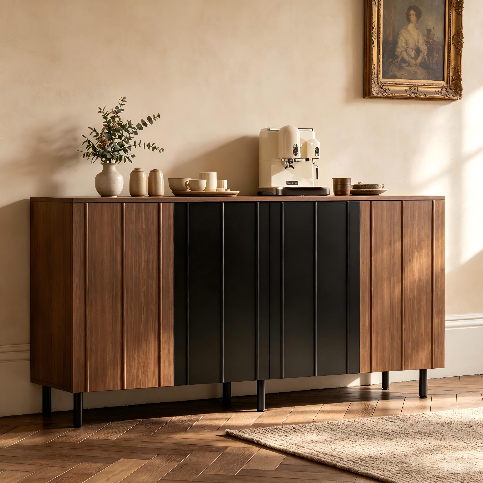 Buffet de cuisine 160x35x80 cm, 4 portes, panneau de particules couleur noyer et noir, meuble rangement salle à manger