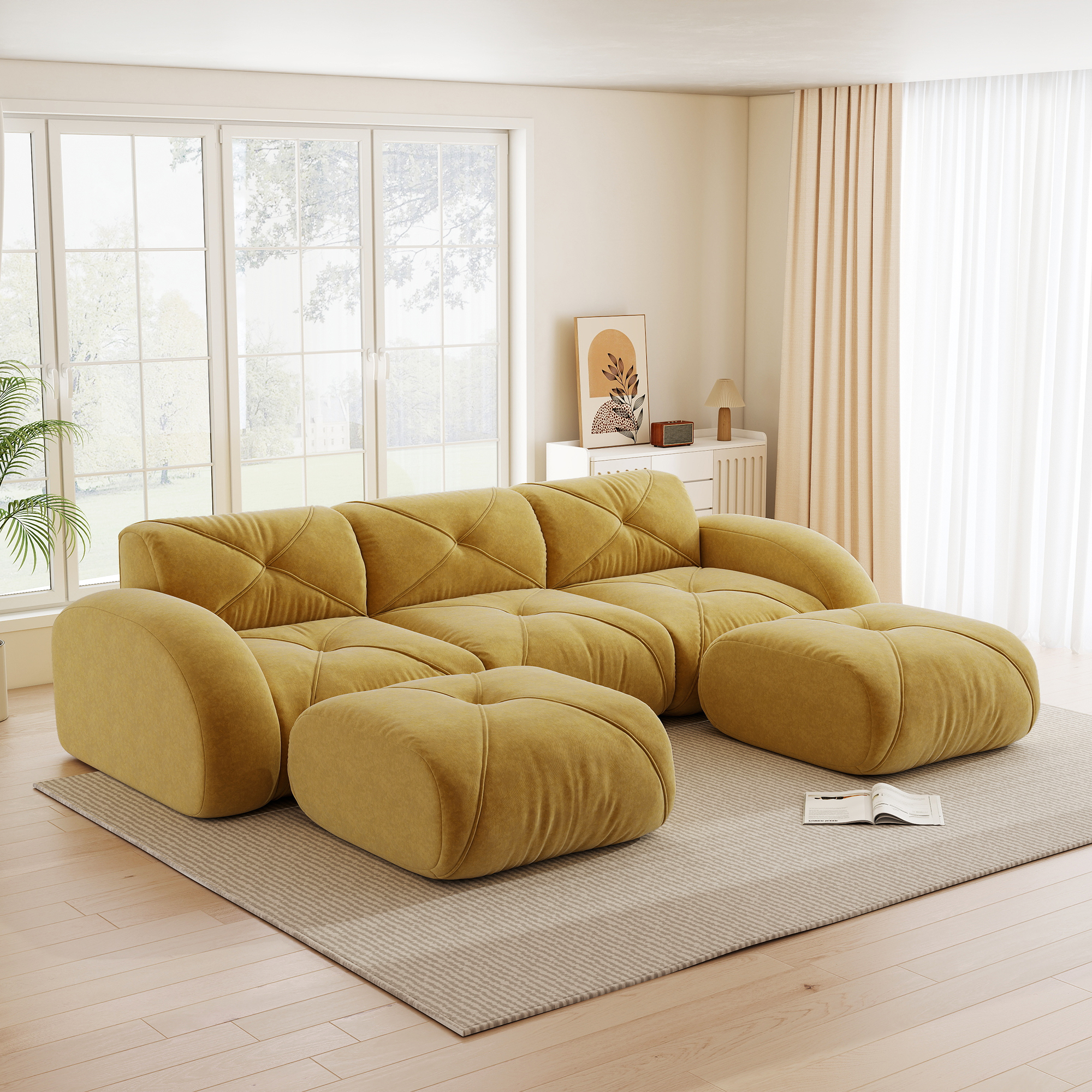 Canapé modulable 3 places en U, dimensions 281x171x76 cm, revêtement chenille jaune avec rangement intégré et 2 poufs inclus