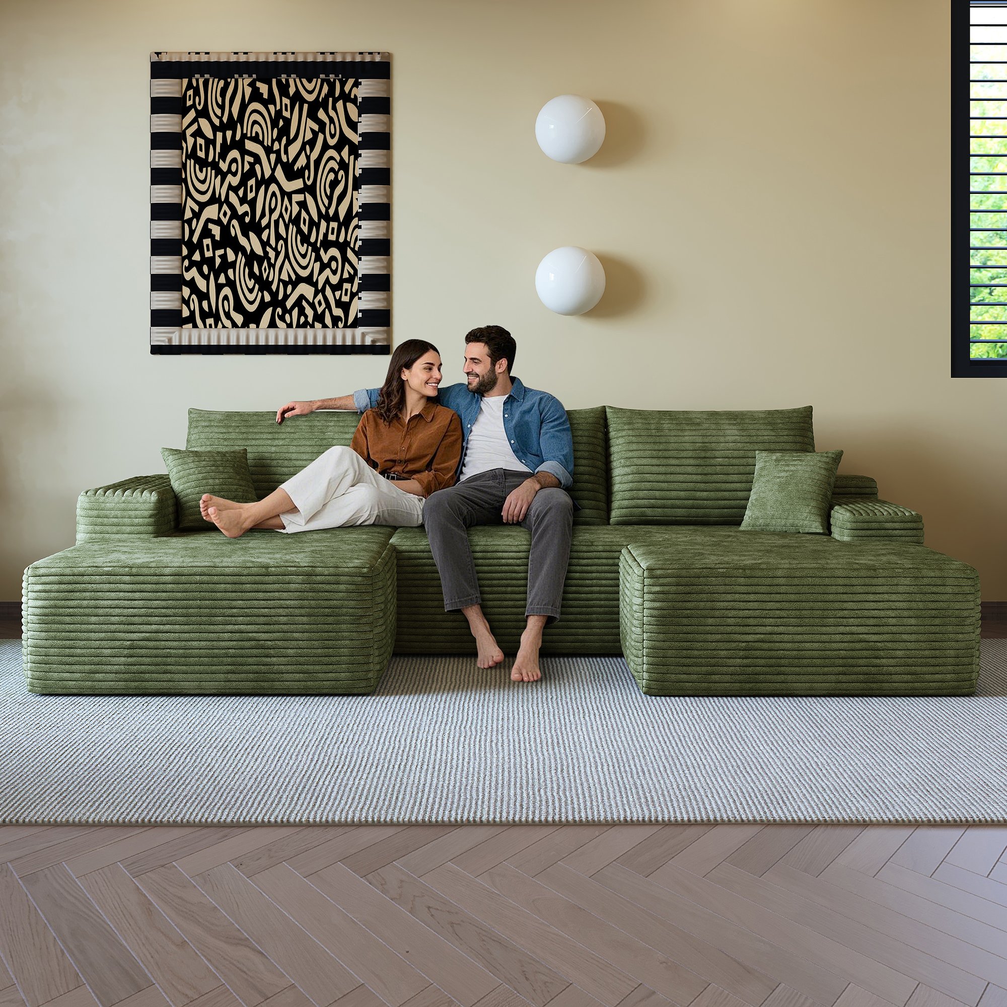 Canapé d'angle vert 270x175cm en tissu côtelé, module sans montage, assise profonde et confort mousse haute élasticité pour salon moderne