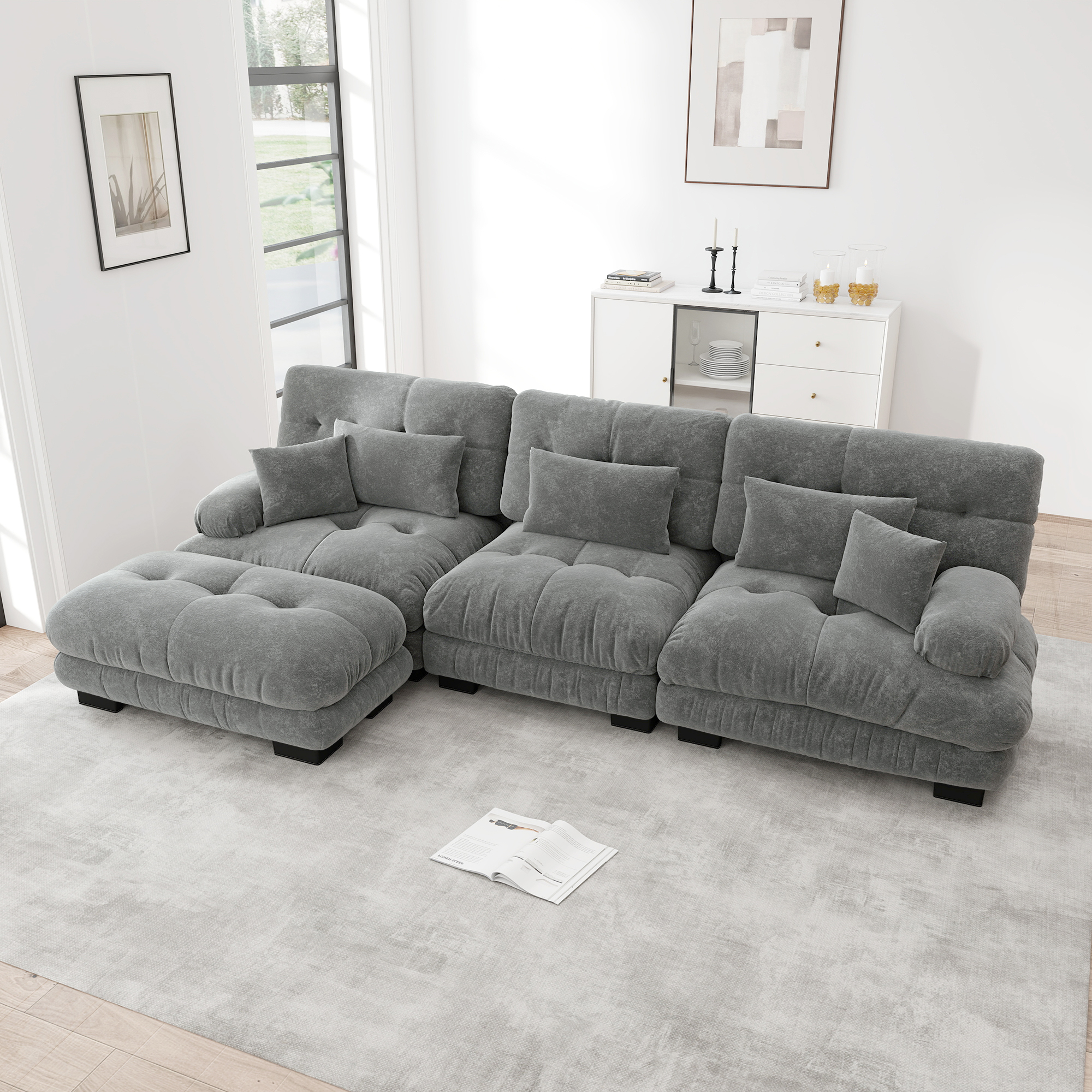 Canapé d'angle modulable avec ottomans mobiles et coussins d'appoint, configuration en L ou droite