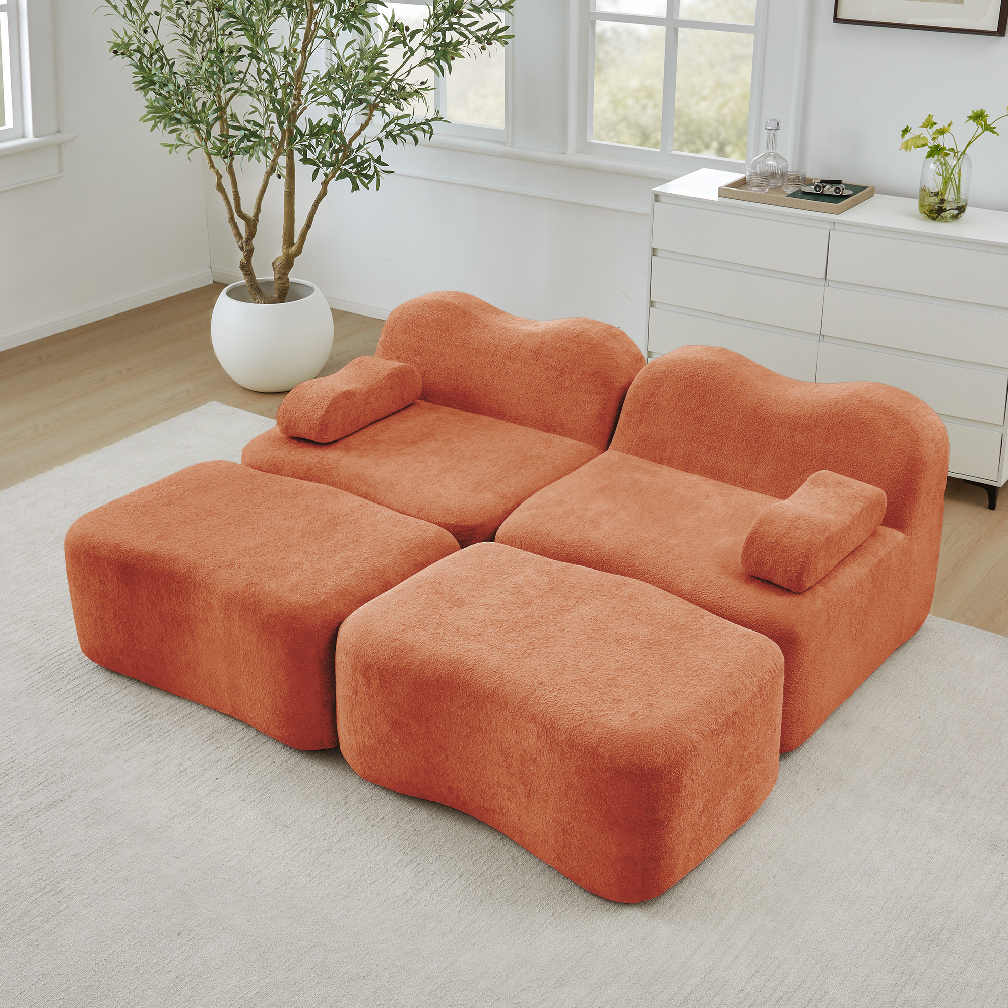 Canapé Modulable 2 Places avec 2 Ottomans, Canapé Panoramique Sans Dossier en Velours Orange, Design Ondulé Antidérapant pour Salon Moderne