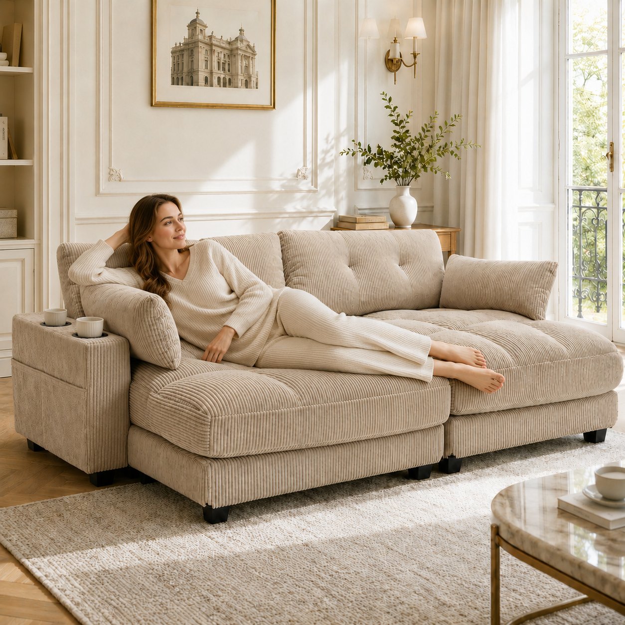 Canapé 2 places velours côtelé khaki modulable en 2 fauteuils avec 4 porte-gobelets, 4 poches latérales et ports USB sur accoudoirs