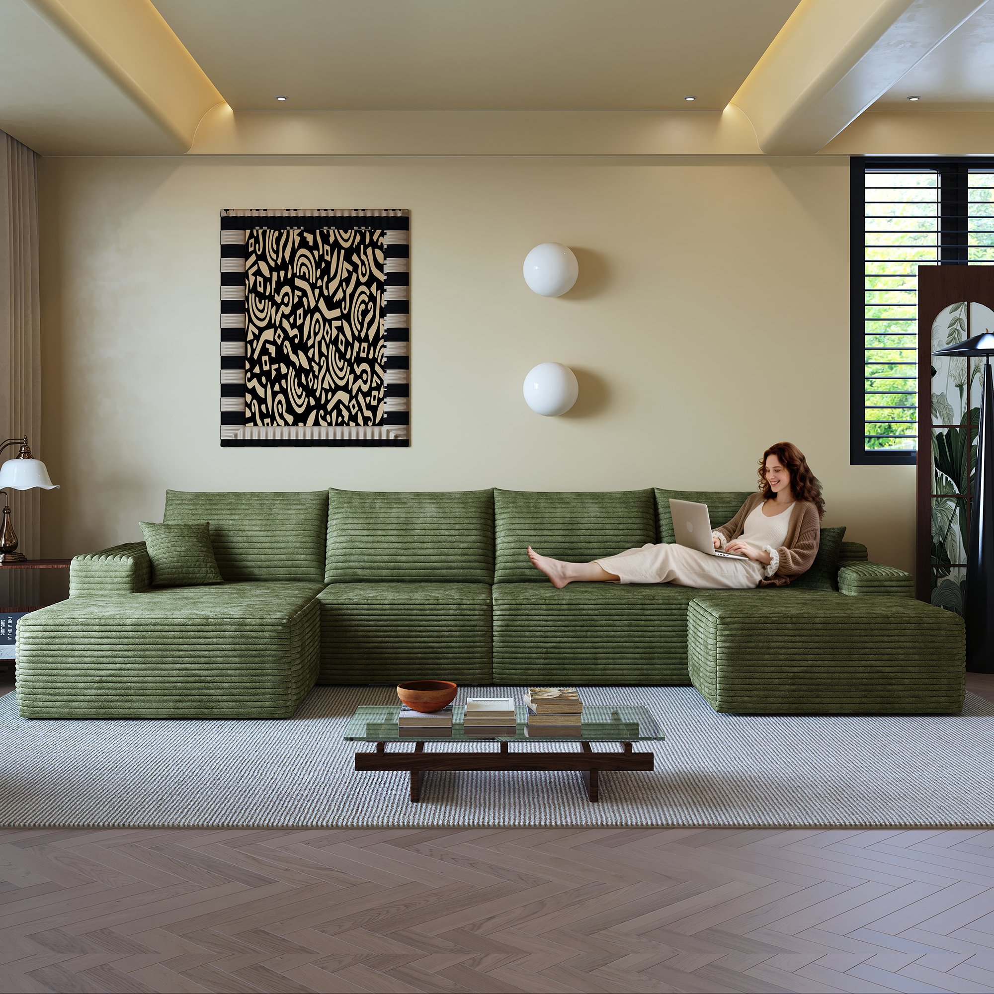 Canapé d'angle en tissu velours côtelé vert, structure rembourrée mousse, dimensions 340x175x83cm, zéro assemblage