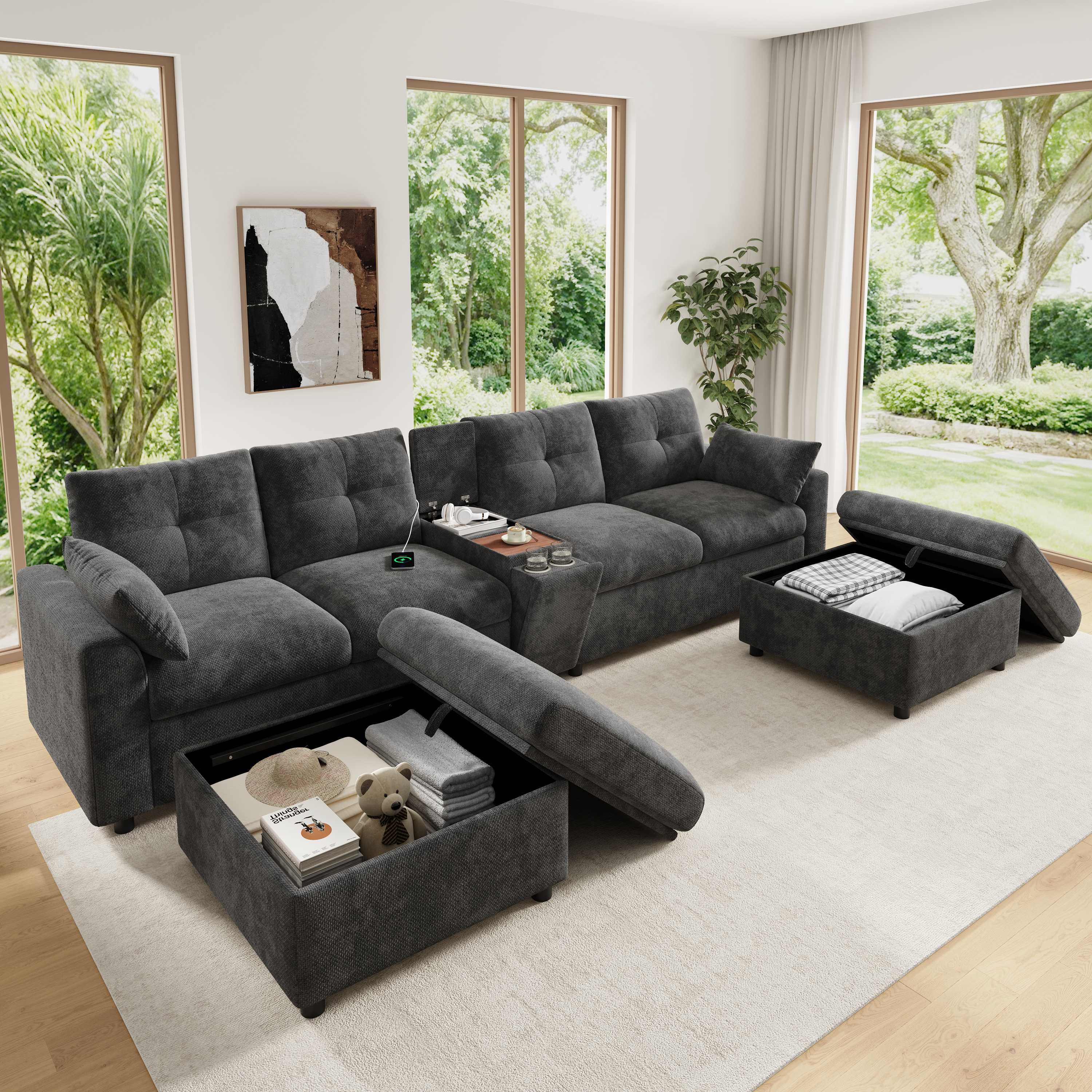Canapé d'angle modulable 6 places en chenille gris, structure U/L avec poufs de rangement, console centrale USB Type-C et porte-gobelets, dimensions 316x140x84,5 cm pour salon moderne.
