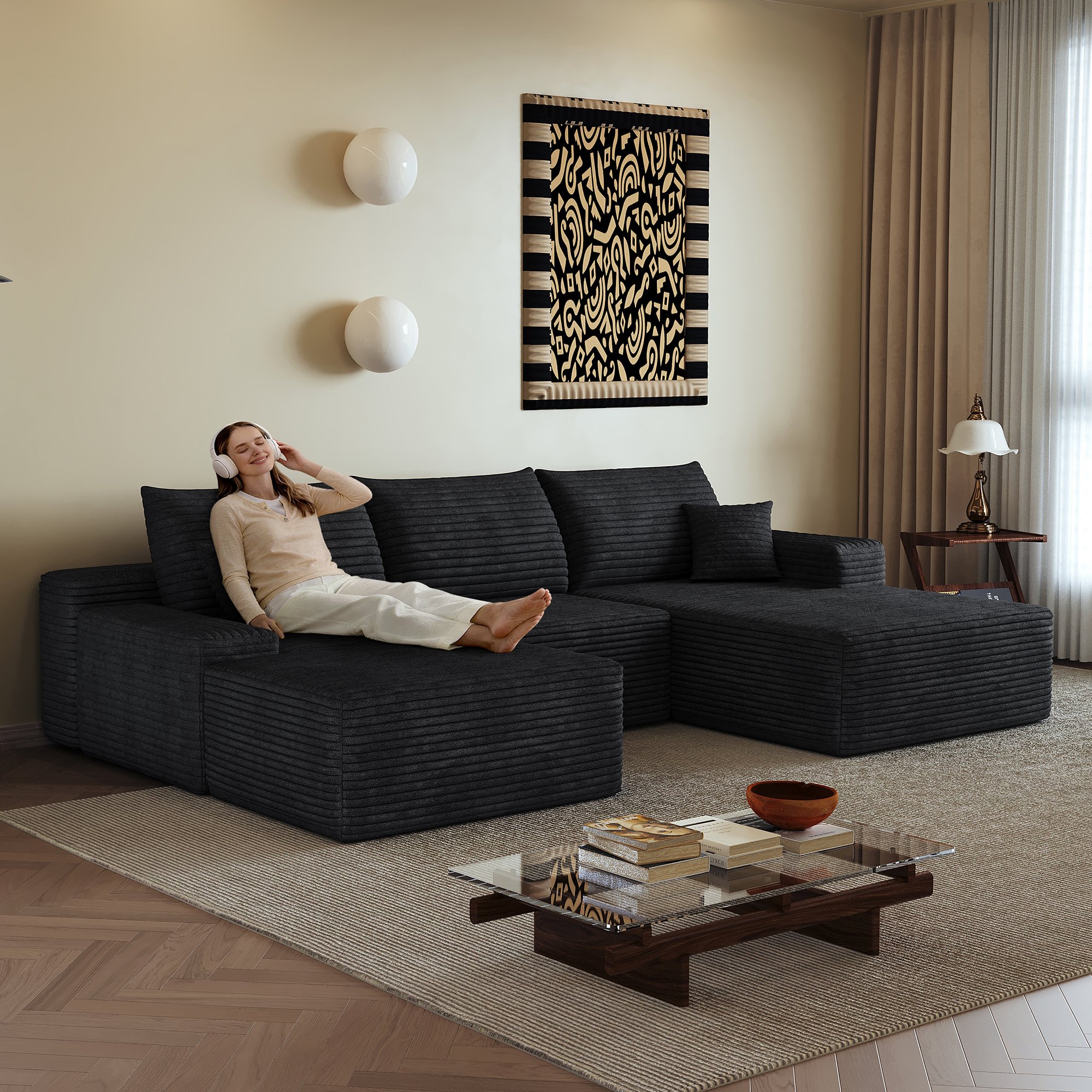 Canapé d'angle en velours côtelé noir, dimensions 270x175x83cm, design contemporain avec lignes fluides et assise large