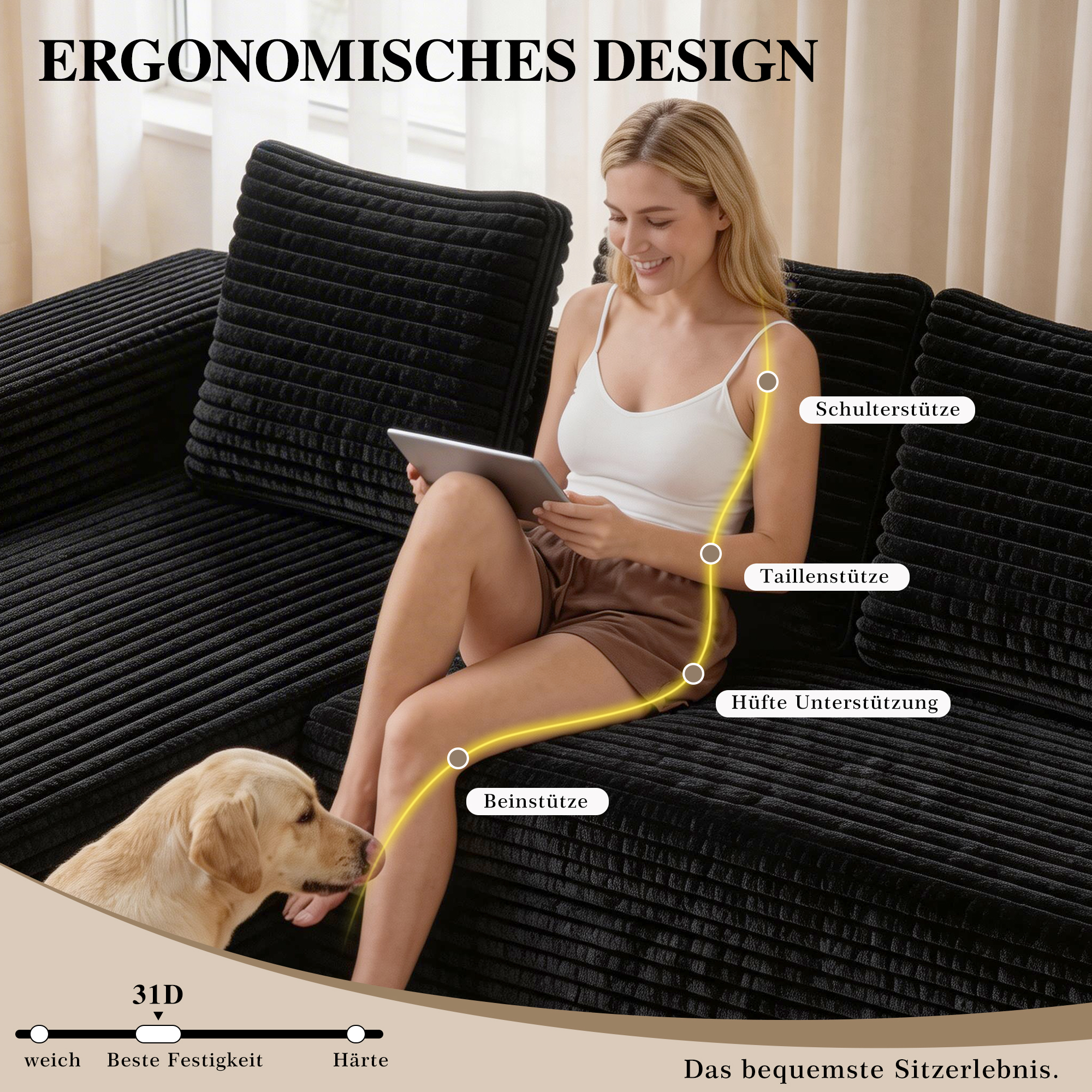 Canapé d'angle modulable sans montage en tissu côtelé noir, 2 pièces réversibles avec méridienne
