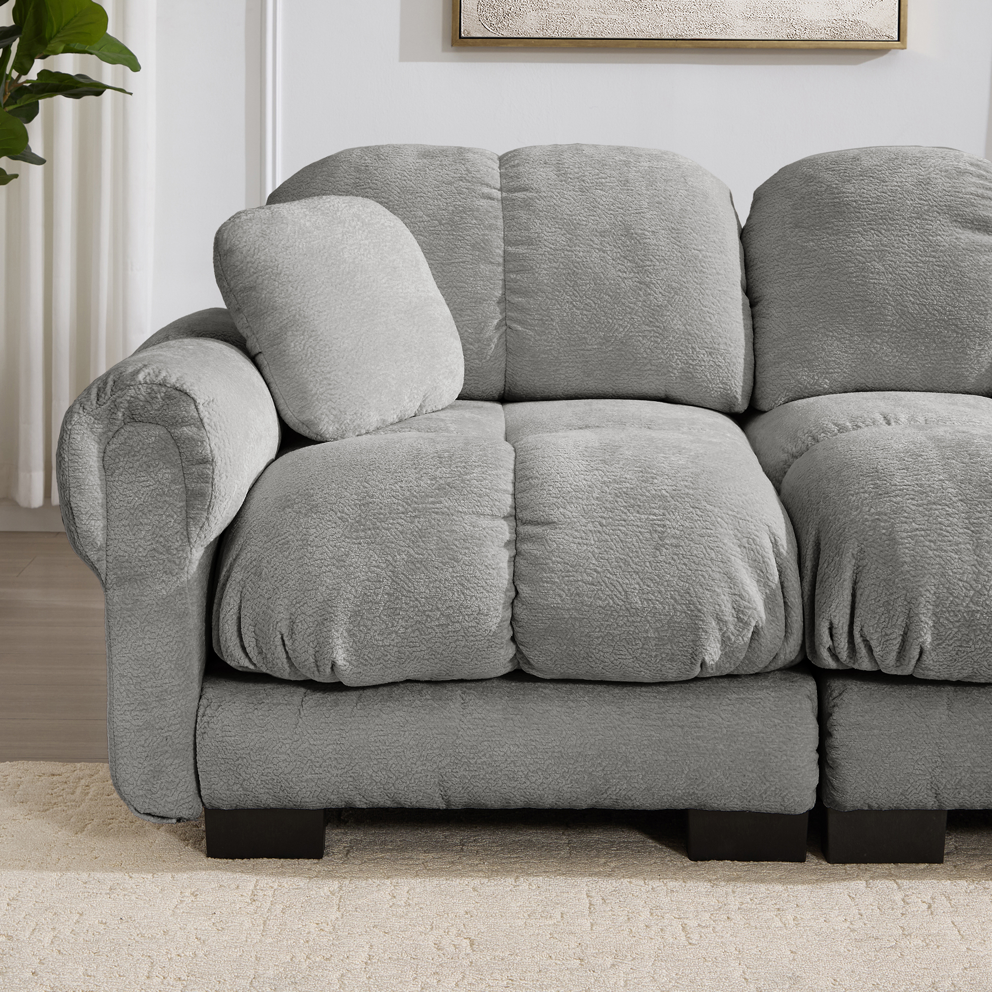 Canapé Modulable Salon Contemporain 330cm Tissu Chenille Gris Clair Coussins Ferme Dossier Ergonomique Livraison 4 Colis